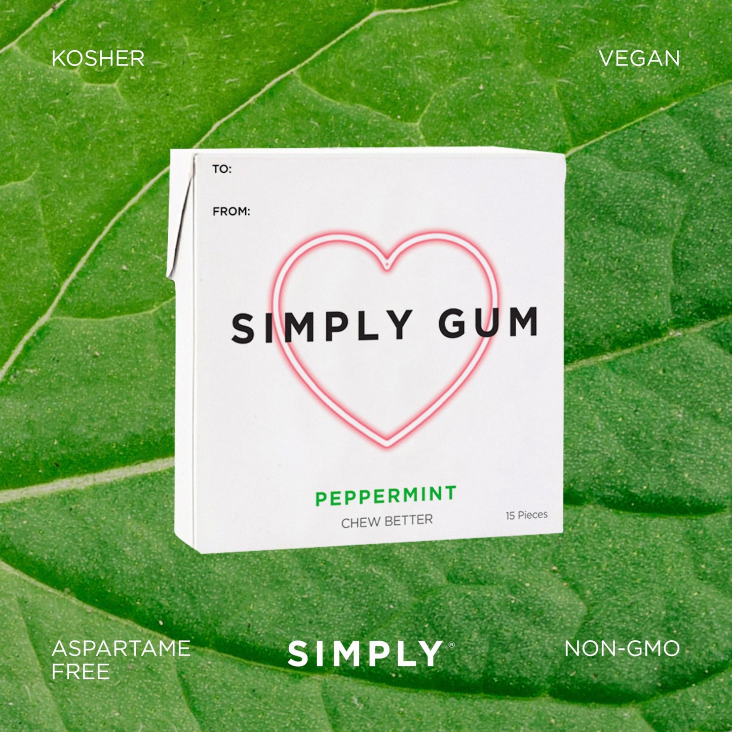 Simply Gum | Heart Box | Peppermint Gum | Plant- Based Chewing Gum | Pack Of Six (90 Pieces Total) | Synthetic Free + Aspartame