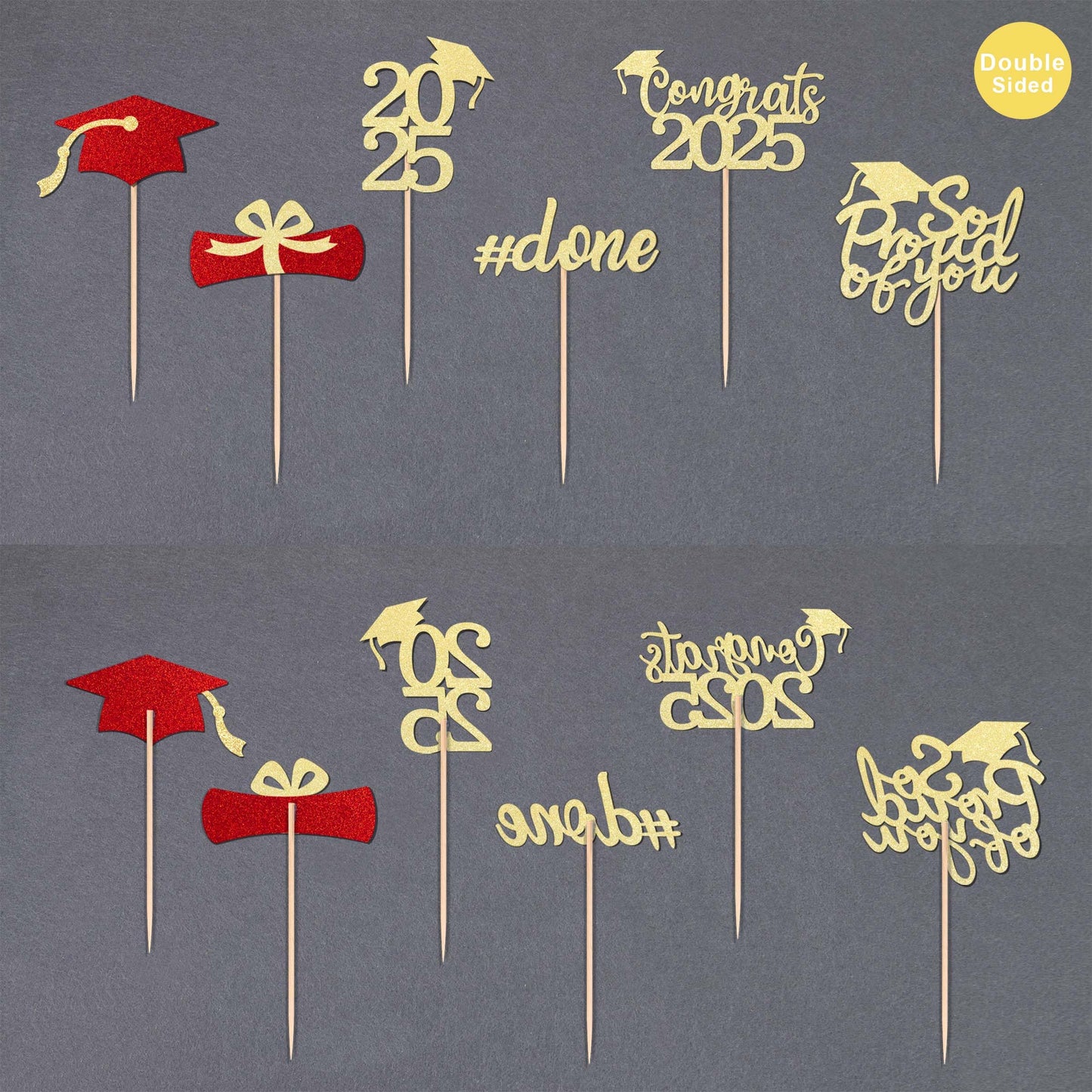 36 Pcs Class Of 2025 Graduation Cupcake Toppers, Gold & Red Glitter Double-Sided Grad Cap Cake Toppers For Party Supplies, 2025