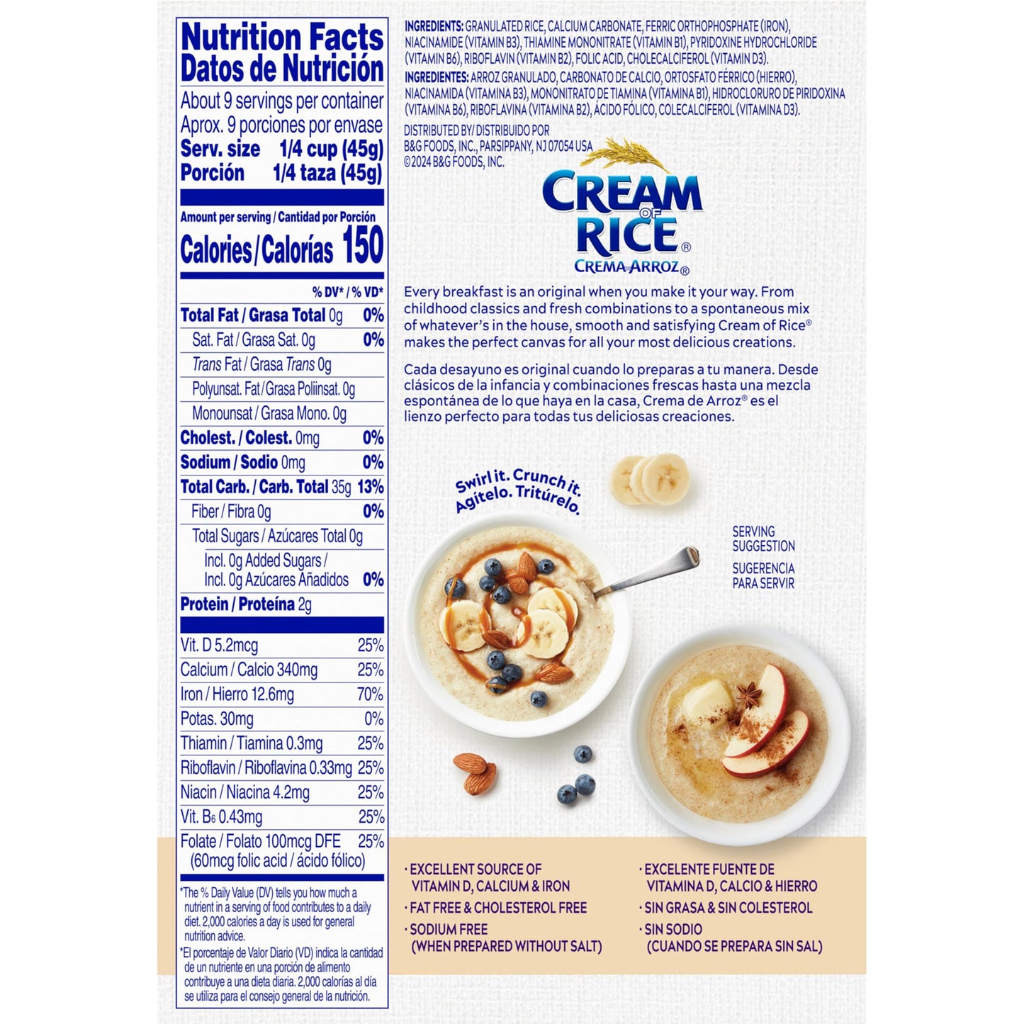 Cream Of Rice Crema De Arroz Libre De Gluten Cereal Caliente, 14 Ounce