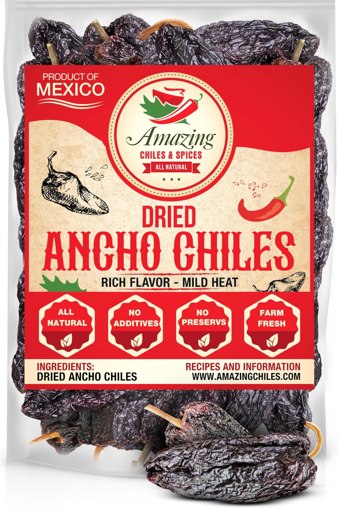 Dried Ancho Chiles Peppers 1Lb (16Oz) –Natural & Enhanced For Authentic Mexican Mole, Sauces, Stews, Salsas, And More! Sweet & Smoky Flavor With Mild To Medium Heat To Elevate Your Favorite Recipes