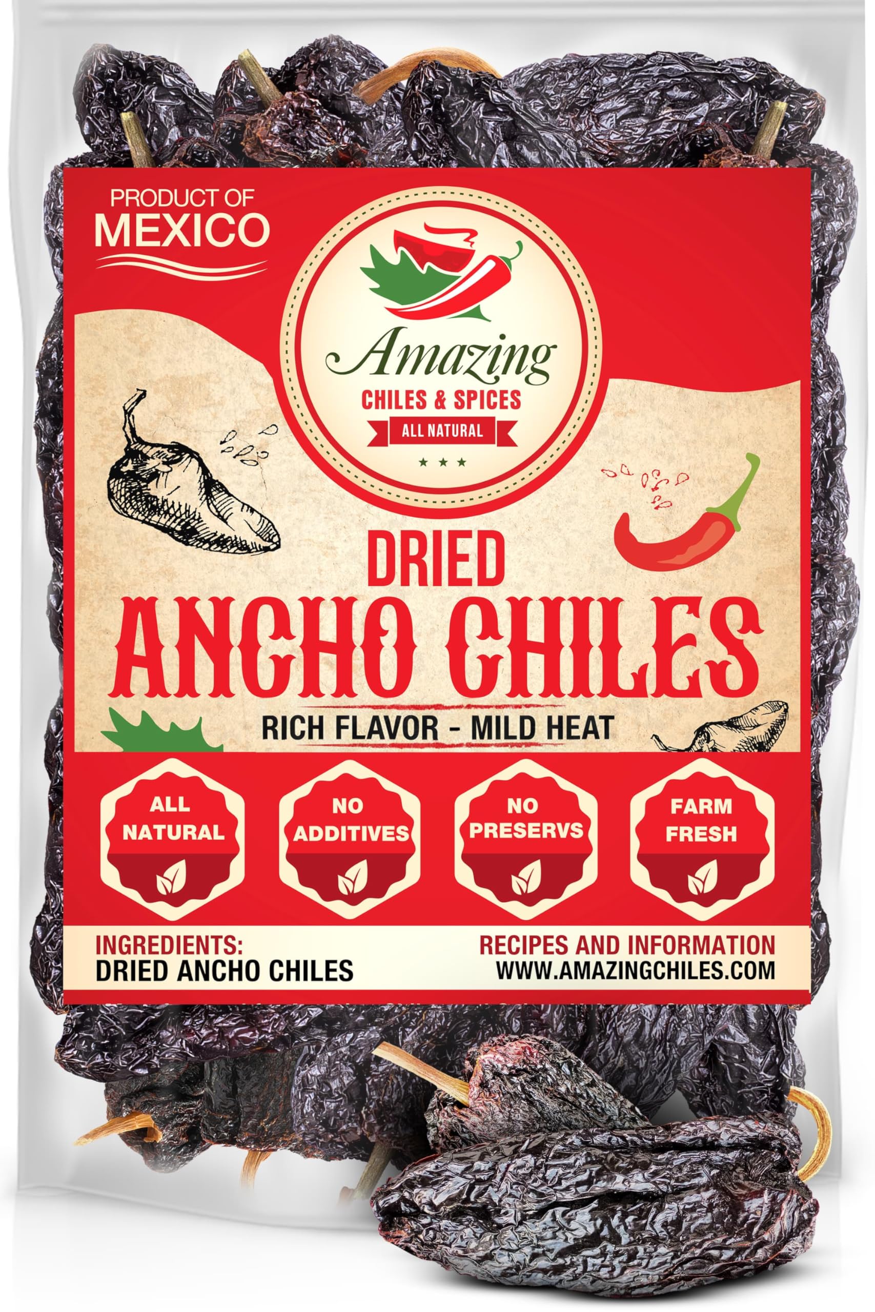 Dried Ancho Chiles Peppers 1Lb (16Oz) –Natural & Enhanced For Authentic Mexican Mole, Sauces, Stews, Salsas, And More! Sweet & Smoky Flavor With Mild To Medium Heat To Elevate Your Favorite Recipes