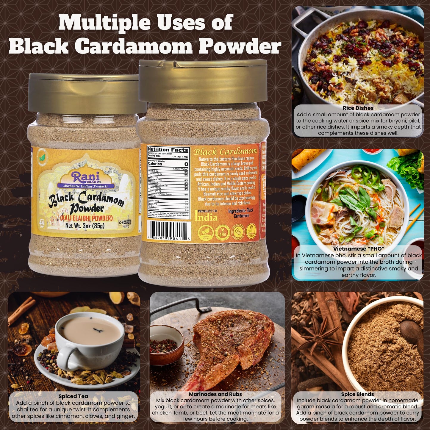 Rani Black Cardamom Powder, All Natural, Vegan, Gluten Friendly, 3oz (85g) PET Jar, Indian Spice