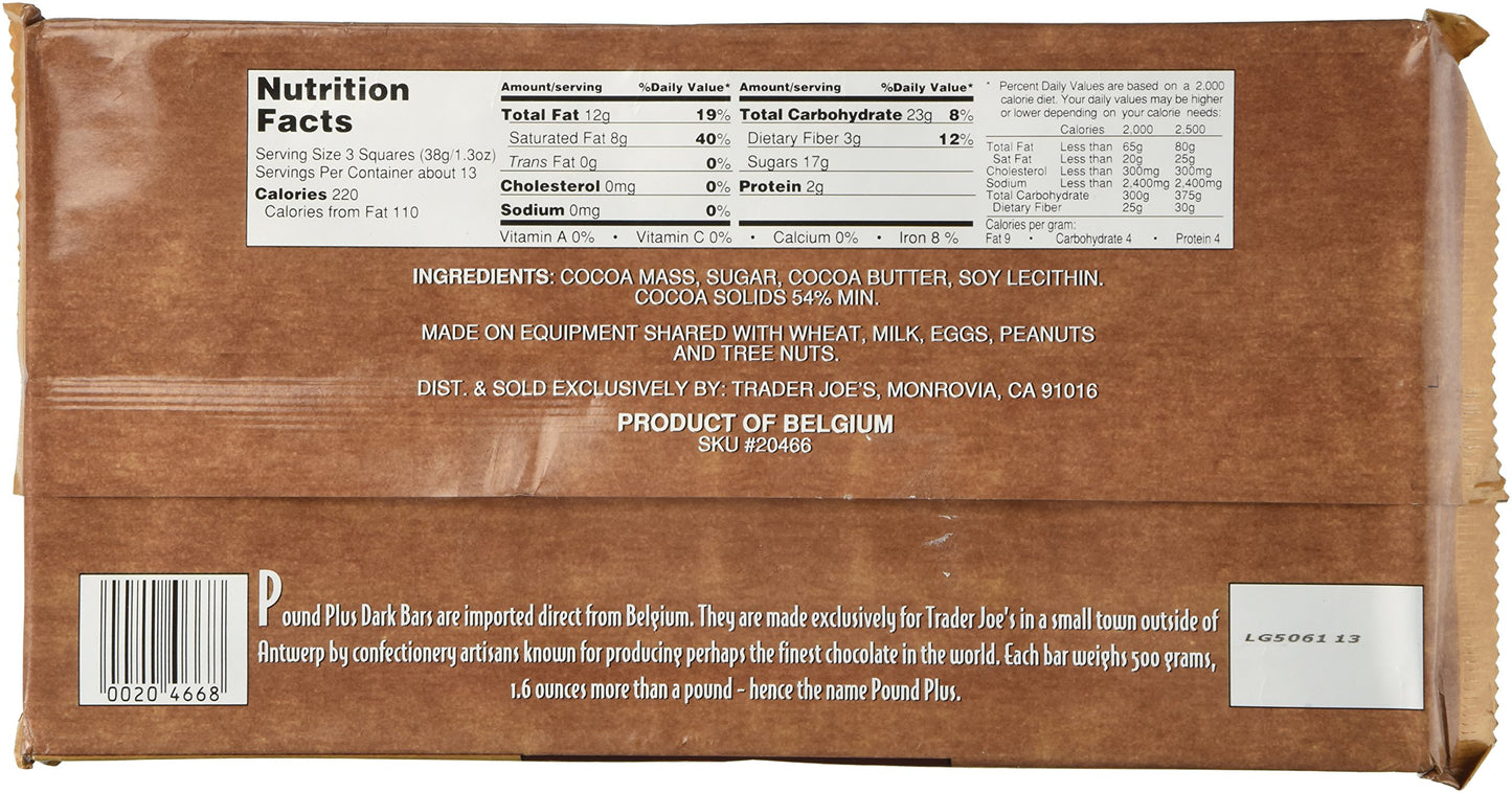 Trader Joe's Pound Plus Dark Chocolate, 17.6 oz - Rich, Smooth Dark Chocolate, Perfect for Baking and Snacking