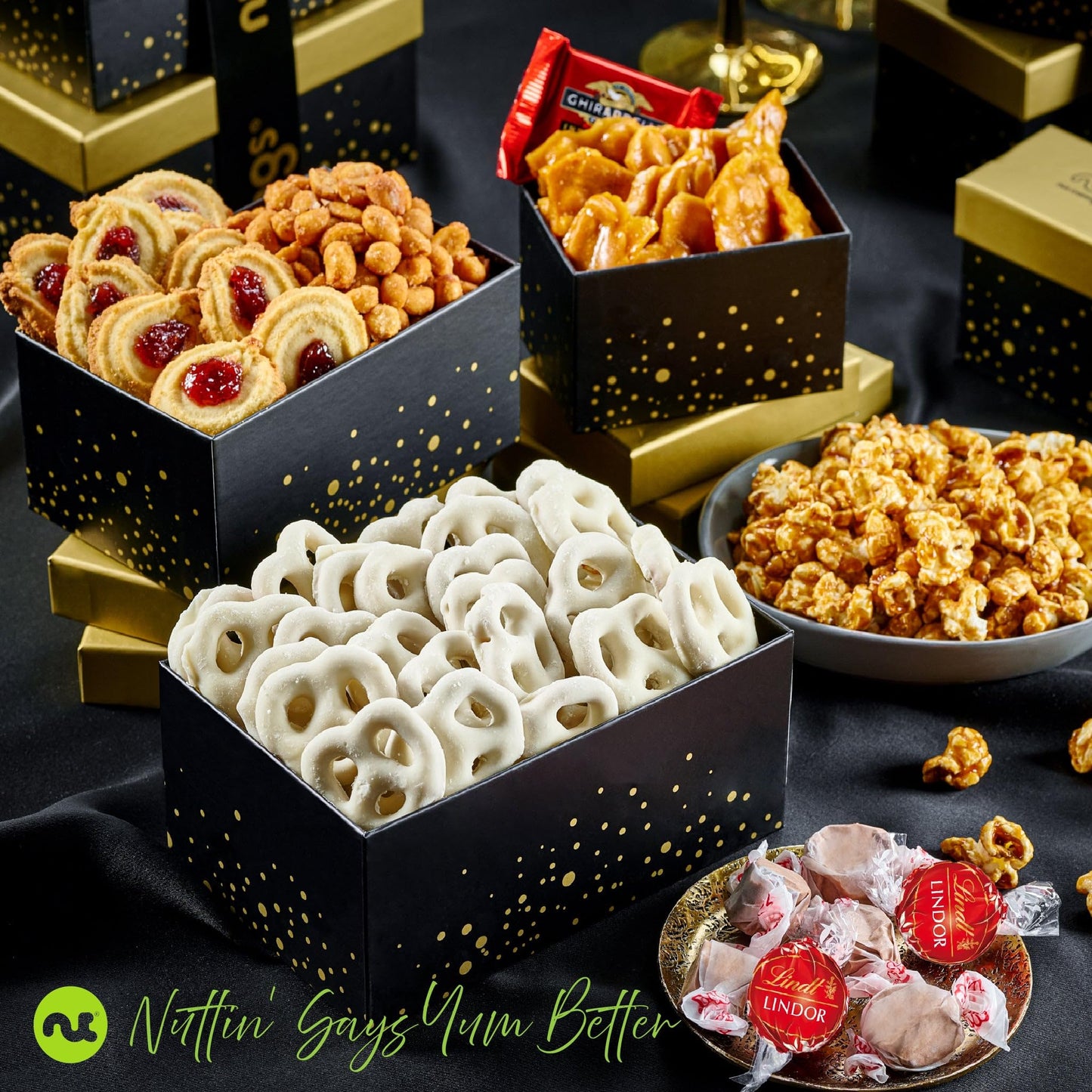 Nut Cravings Thanksgiving Chocolate Covered Pretzels & Caramel Popcorn Gift Basket, 8 Piece Assortment, Black & Gold 5 Tier Tower