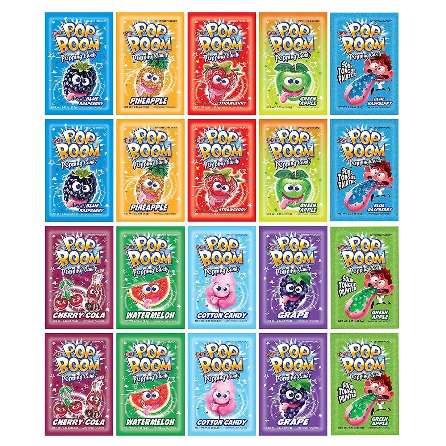 Tiltay Pop Boom Popping Candy – 20 Pack - 10 Flavor Assortment, Strawberry, Cherry Cola, Green Apple, Blue Raspberry, Watermelon, Grape, Pineapple, Cotton Candy - Ou Kosher - Dairy Free