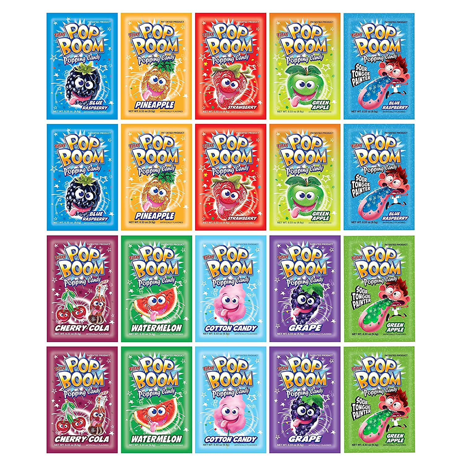 Tiltay Pop Boom Popping Candy – 20 Pack - 10 Flavor Assortment, Strawberry, Cherry Cola, Green Apple, Blue Raspberry, Watermelon, Grape, Pineapple, Cotton Candy - Ou Kosher - Dairy Free