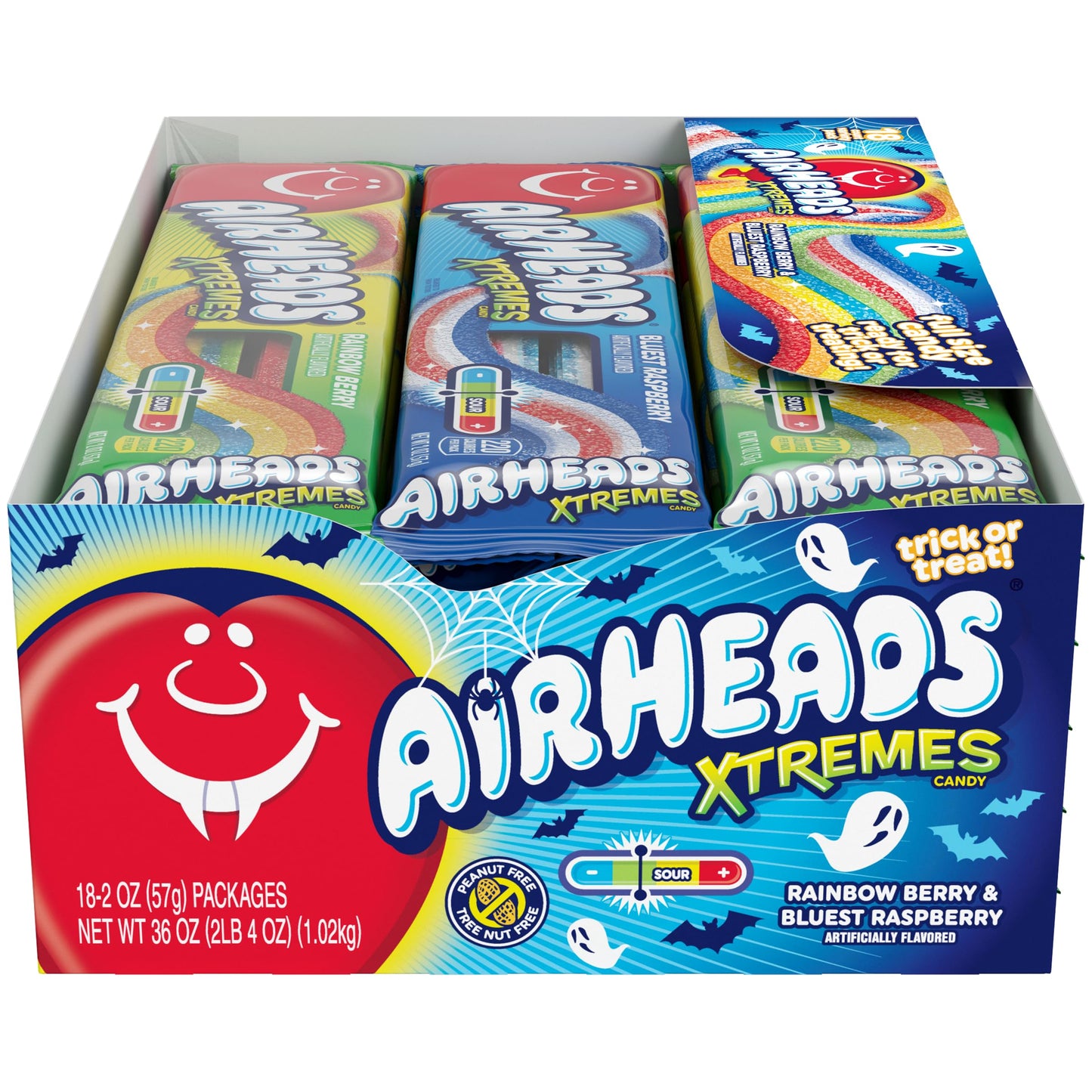 Airheads Xtremes Belts Halloween Treat Pack, Rainbow Berry & Bluest Raspberry, 2oz (Pack of 18)