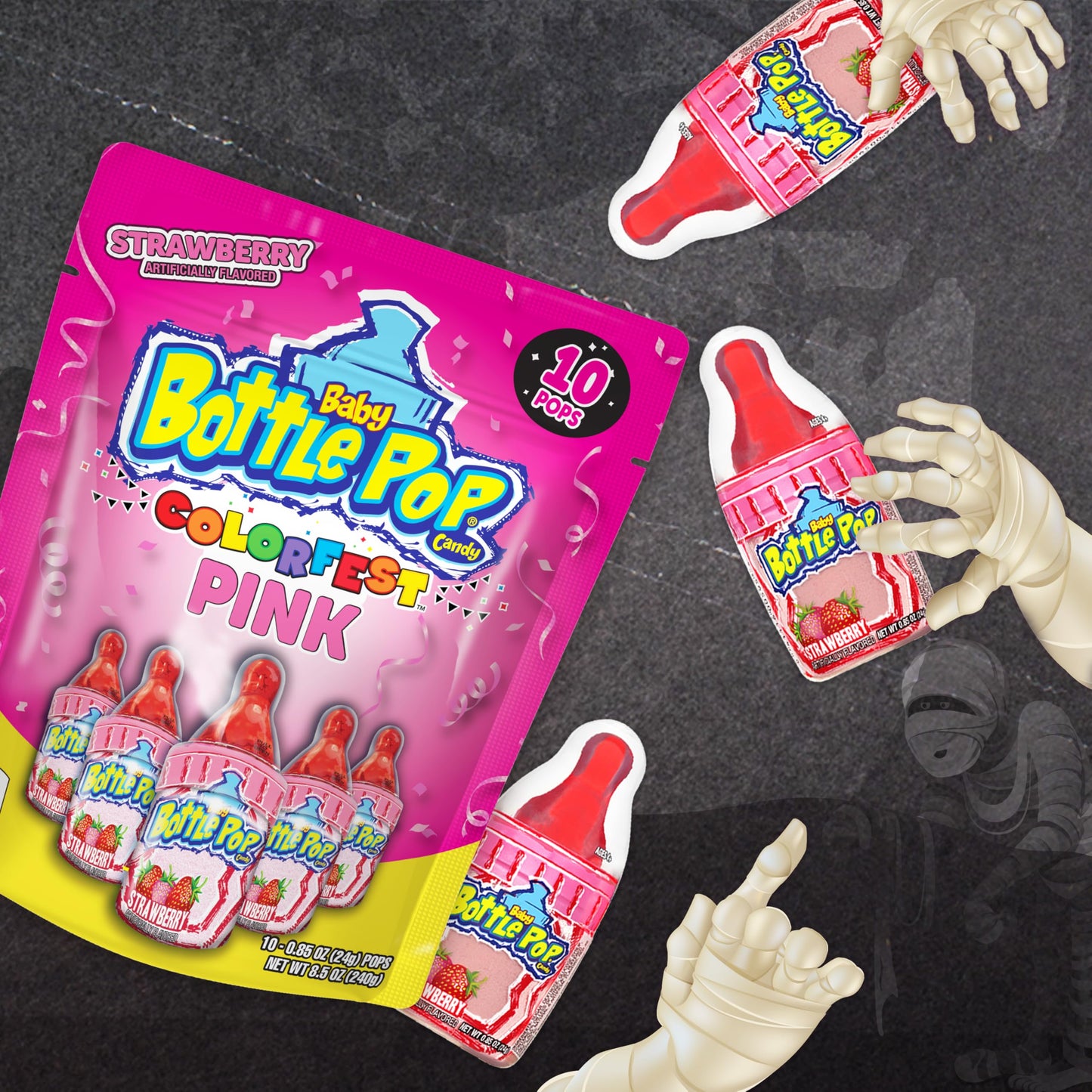 Baby Bottle Pop Colorfest Individually Wrapped Pink Strawberry Party Pack – 10 Strawberry Lollipops W/ Powdered Sugar Dip - Bulk Candy For Party Favors, Birthdays, & Gender Reveal Parties