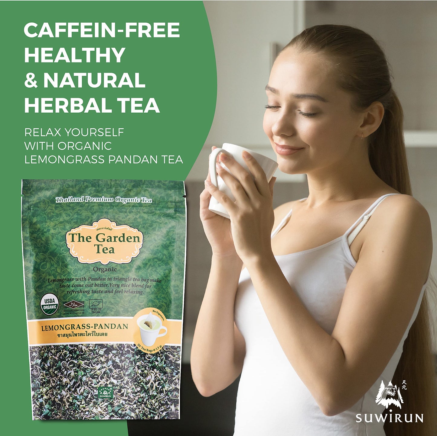Suwirun Organic Lemongrass And Pandan Tea Bags - Pure Organic Herbal Tea Thai Herbal Tea Bags Pandan And Lemongrass Tea Bags (25