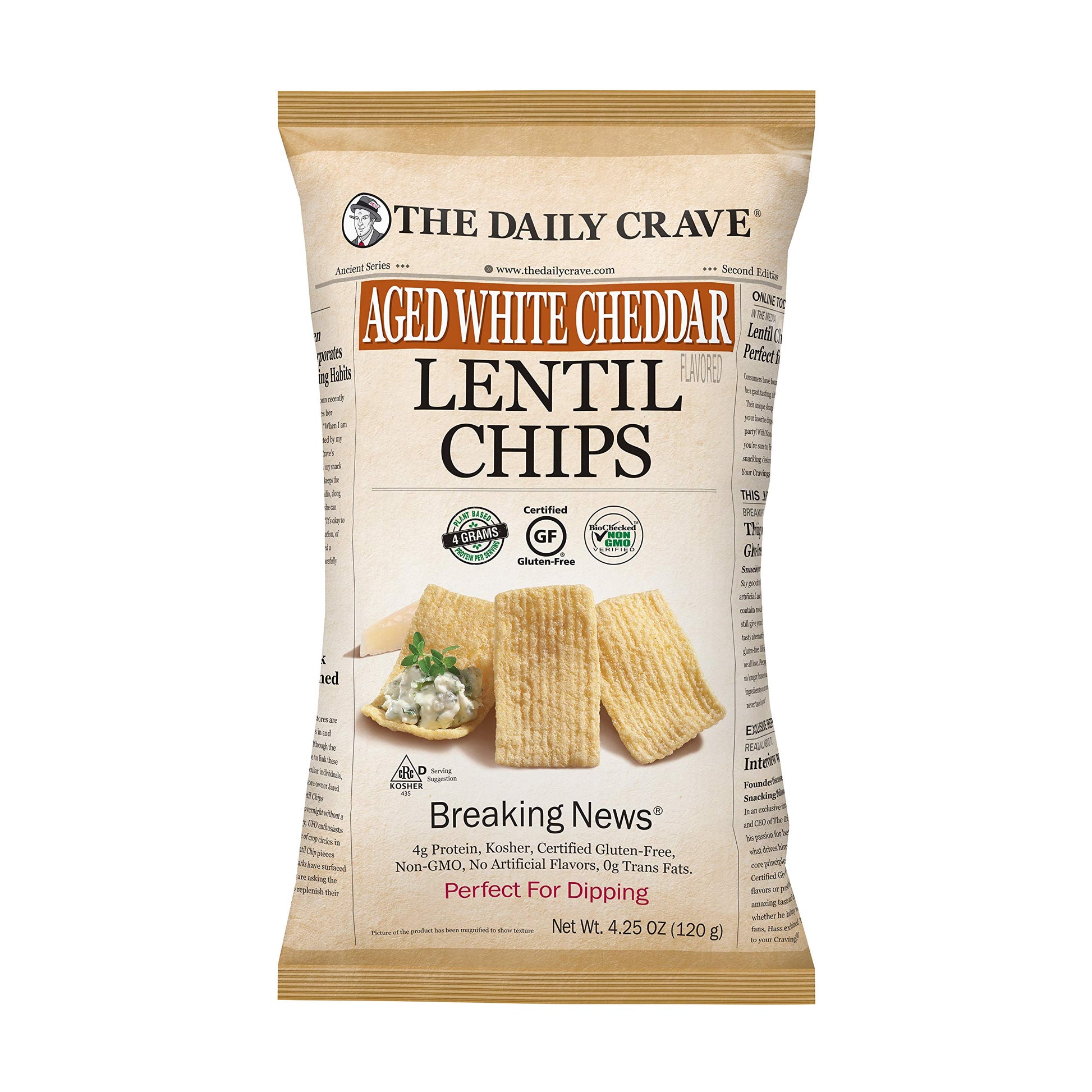 The Daily Crave Aged White Cheddar Lentil Chips, 4.25 Oz- 4 G Protein, Gluten-Free, Non-Gmo, Kosher, Crunchy 8 Count(Pack Of 1)