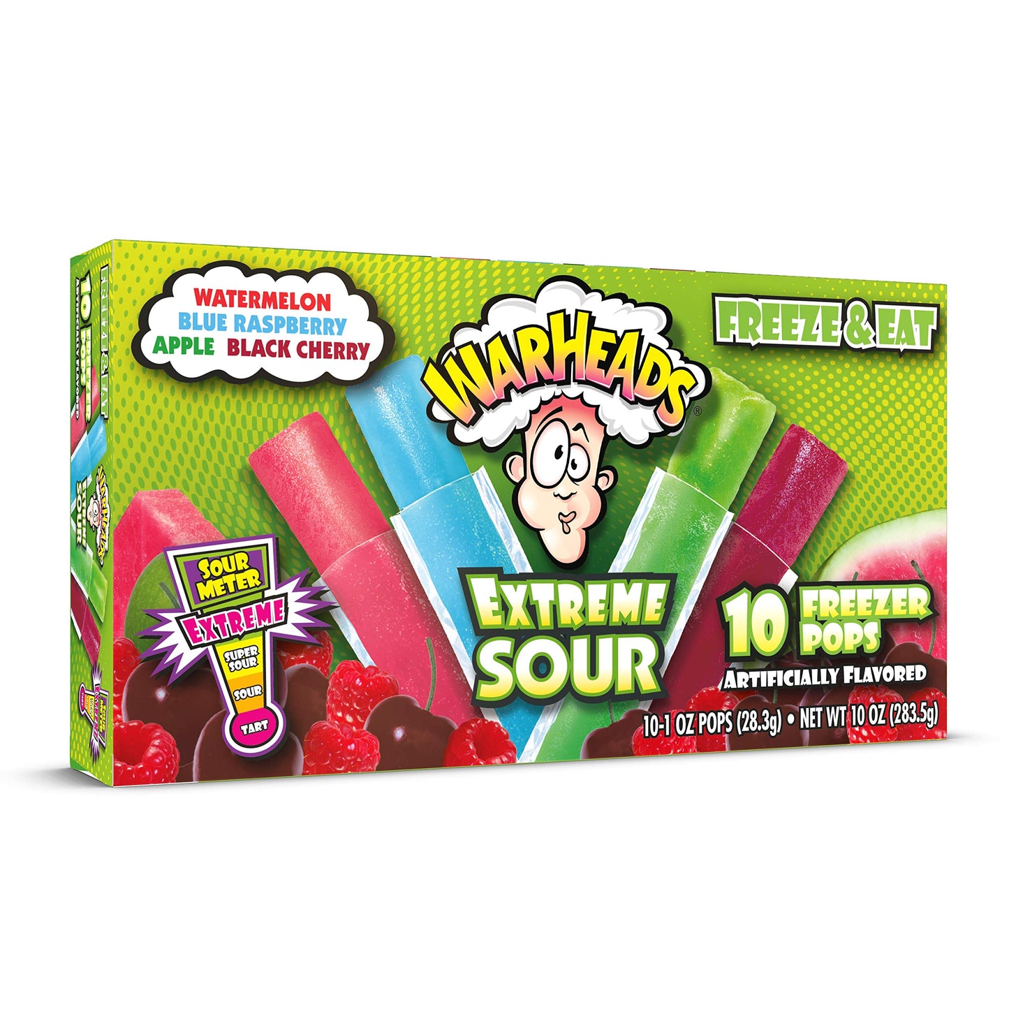Warheads Fat Free Freezer Pops, Extreme Sour, Assorted Flavors, 120 Pops (12 Boxes, 10 Pops/Box), 1 Ounce Each