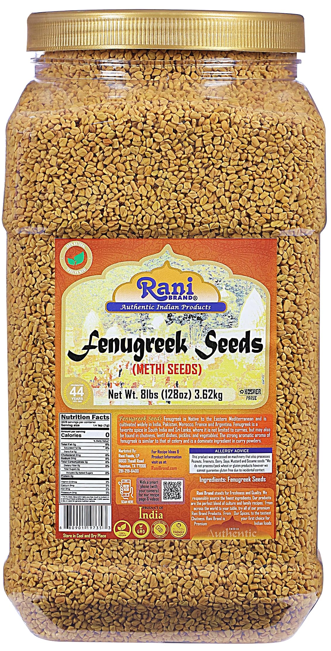 Rani Fenugreek (Methi) Seeds Whole 128oz (8lbs) 3.62kg Bulk PET Jar, Trigonella foenum graecum ~ All Natural | Vegan | Gluten Fr