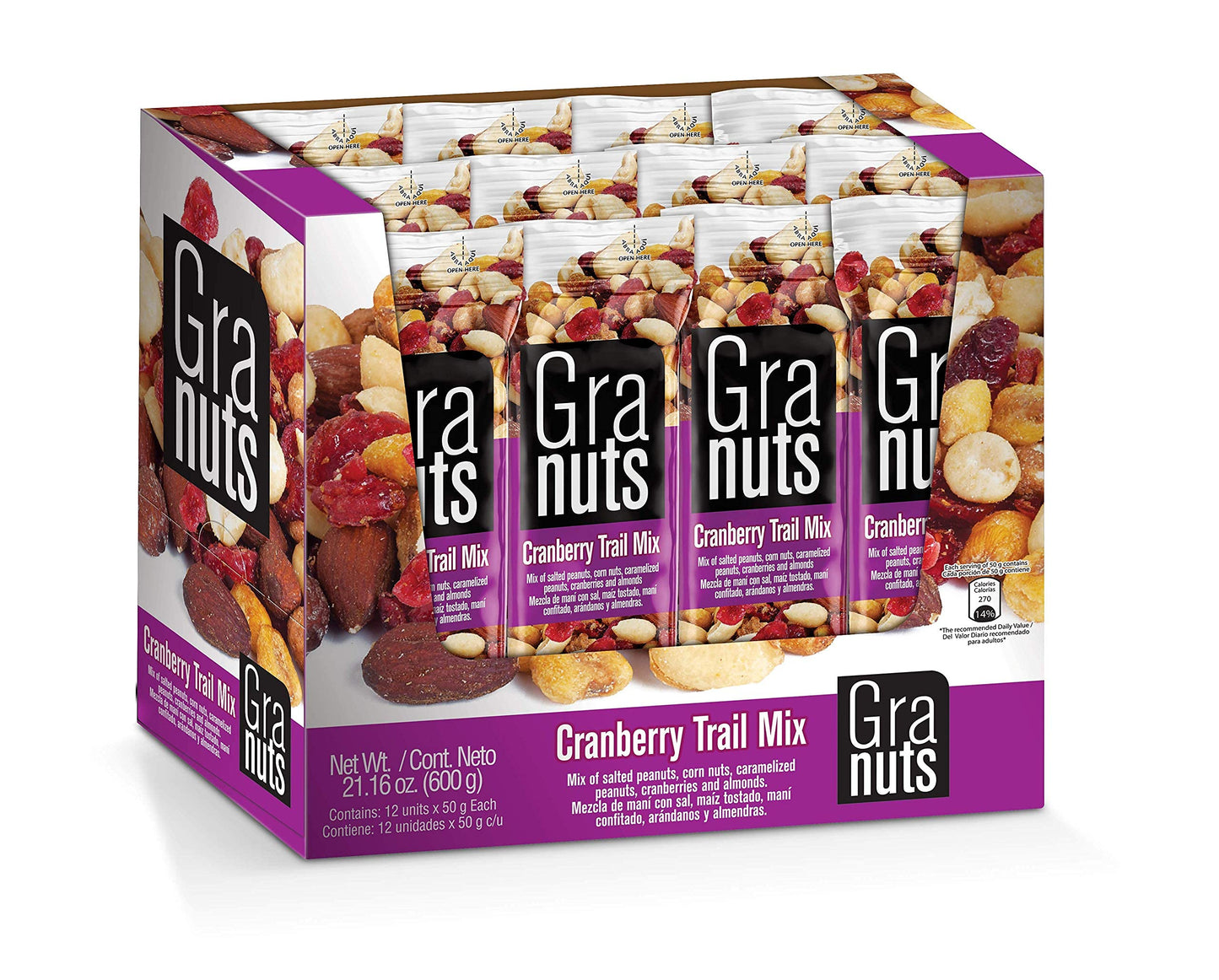 GRANUTS Cranberry Trail Mix - Caramelized Peanuts, Crunchy Corn Nuts & Almonds, Salty & Sweet, 4 Packs of 1.76 Oz (48 Inner Packs