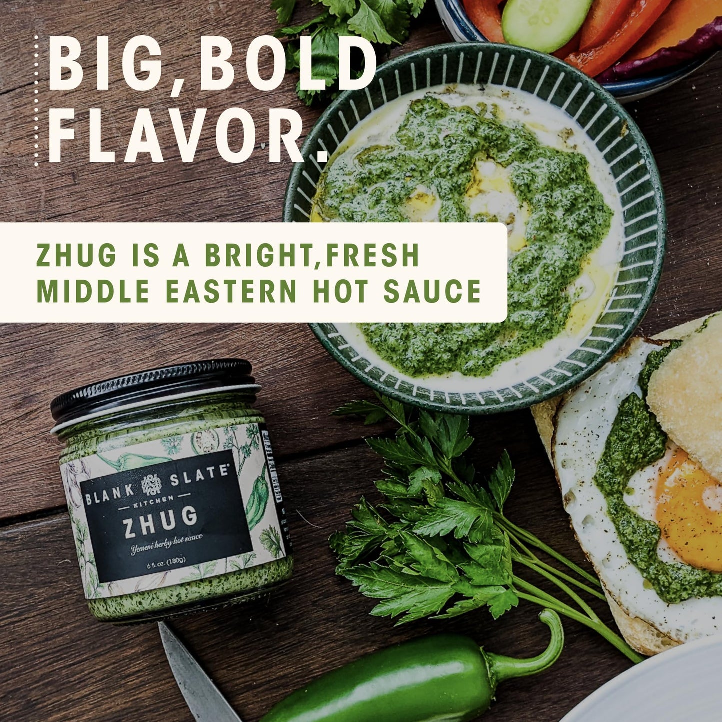Blank Slate Kitchen Zhug (6 Oz) | Spicy Middle Eastern Herby Green Hot Sauce (Yemeni Skhug) | Vegan & Gluten-Free | Blend Of Jalapenos, Cilantro, Parsley, Garlic, Lemon Juice & Olive Oil