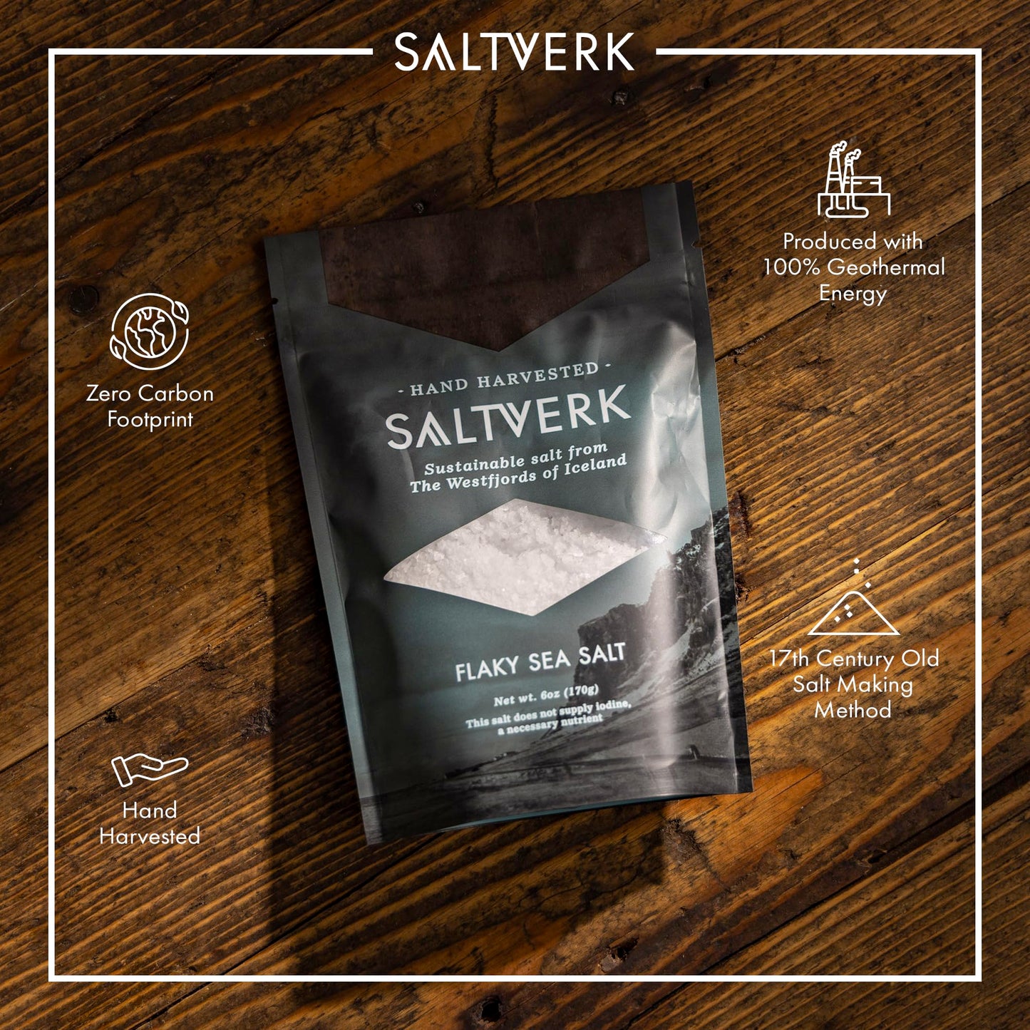 Saltverk Sea Salt - Gourmet  Icelandic  Hand Harvested and Sustainably Made - Flaky 6 Oz