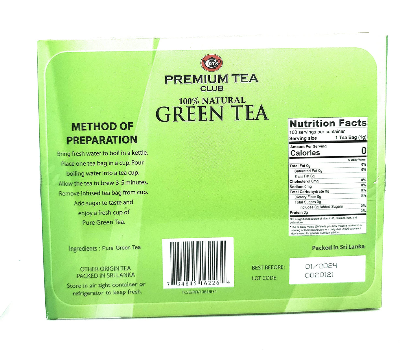Ceylon Tea Club Green Tea - 100% Natural, 100 Bags, 100 Count, Model 65470