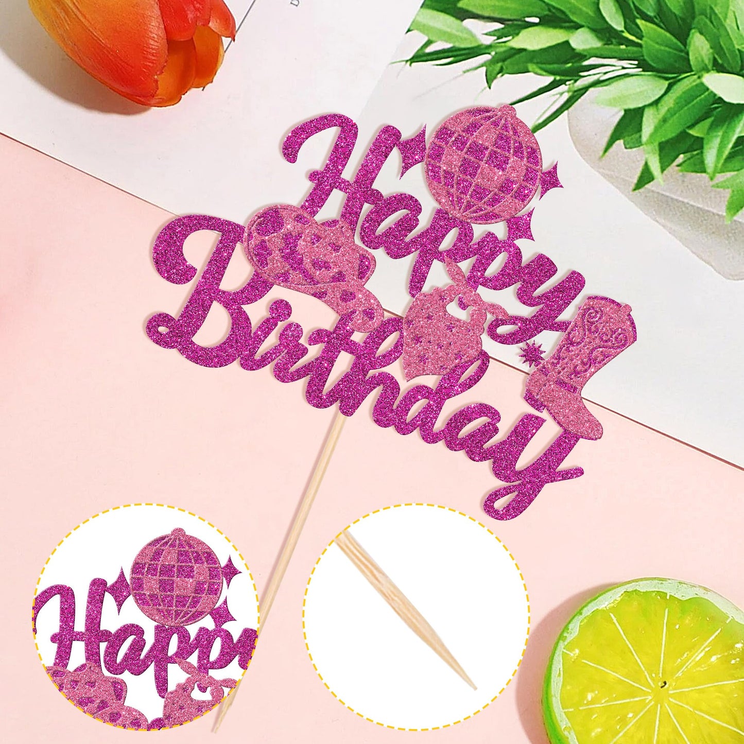 1 Pcs Cowgirl Happy Birthday Cake Topper Glitter Western Cowgirl Birthday Cake Pick Hat Boot Disco Cowgirl Cake Decorations For