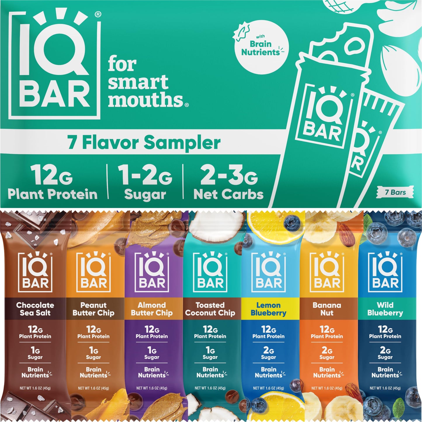 Iqbar Brain And Body Plant Protein Bars - 7 Bar Sampler Pack - Low Carb, High Fiber, Gluten Free, Healthy Vegan Snacks - Low Sug