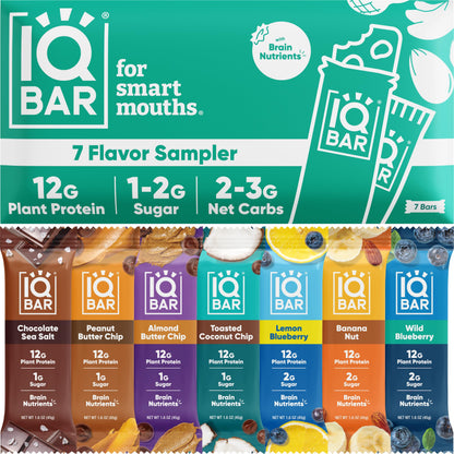 IQBAR Brain and Body Plant Protein Bars - 7 Bar Sampler Pack - Low Carb, High Fiber, Gluten Free, Healthy Vegan Snacks - Low Sug