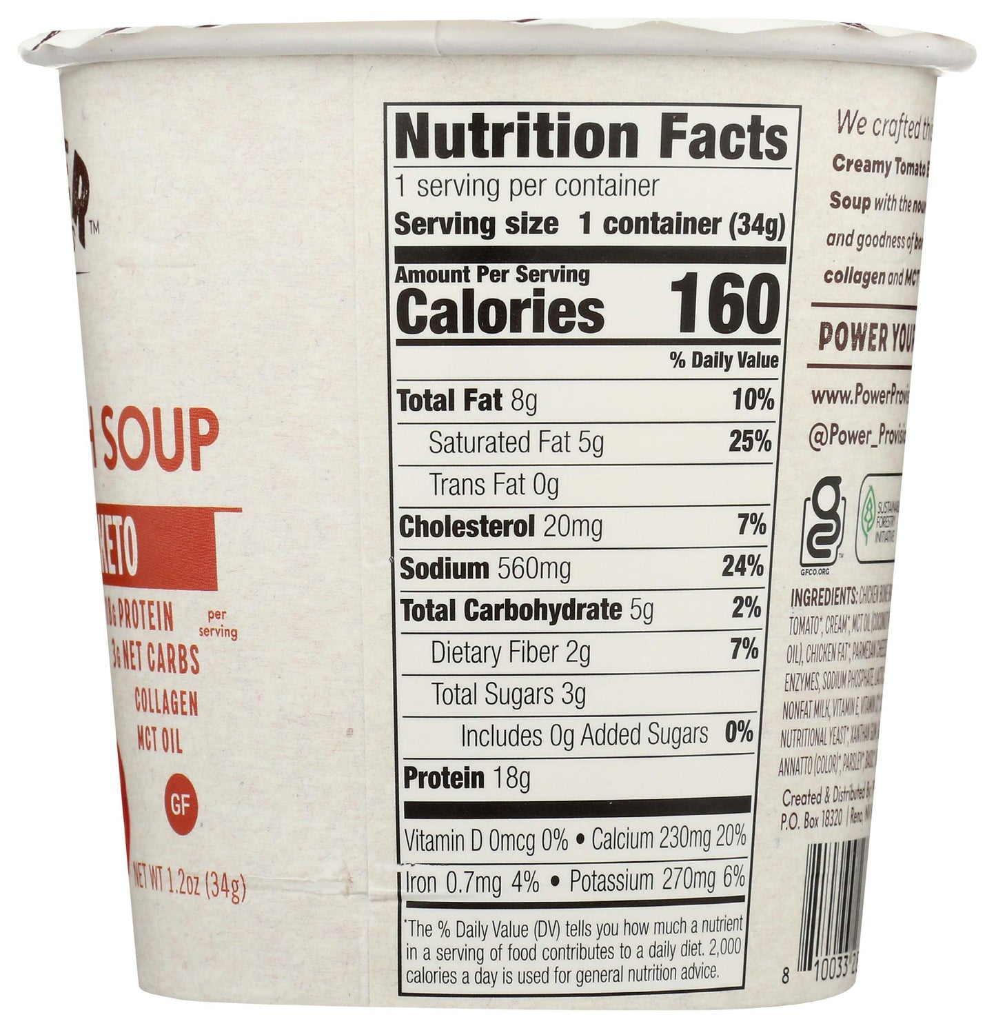 Power Provisions Keto Creamy Tomato Bone Broth Soup Cups - Instant Soup Cup - Collagen Infused - Gluten Free Soup - 1.2 oz. - Pa