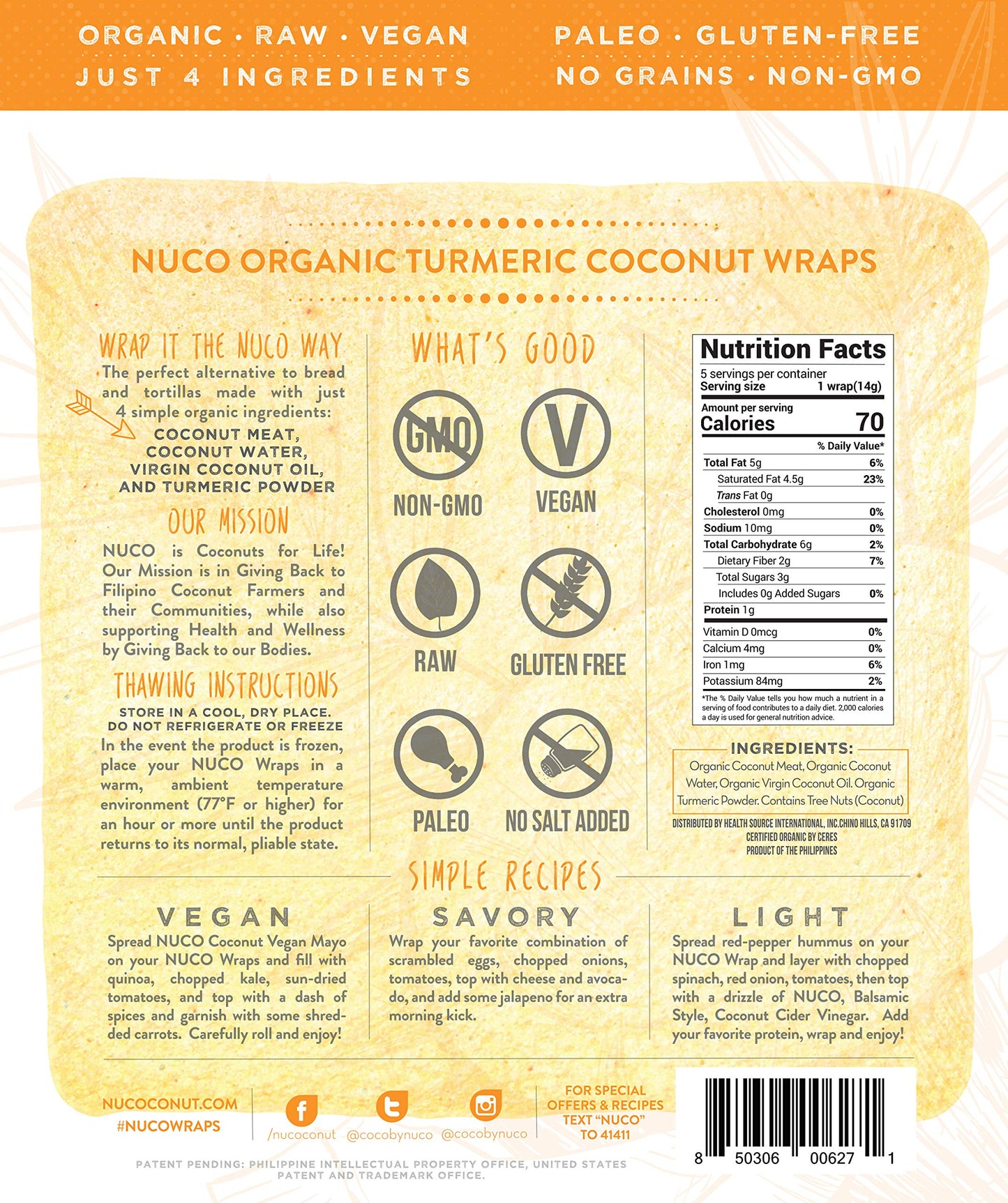 NUCO Certified ORGANIC Paleo Gluten Free Vegan Turmeric Coconut Wraps, 5 Count (One Pack of Five Wraps)