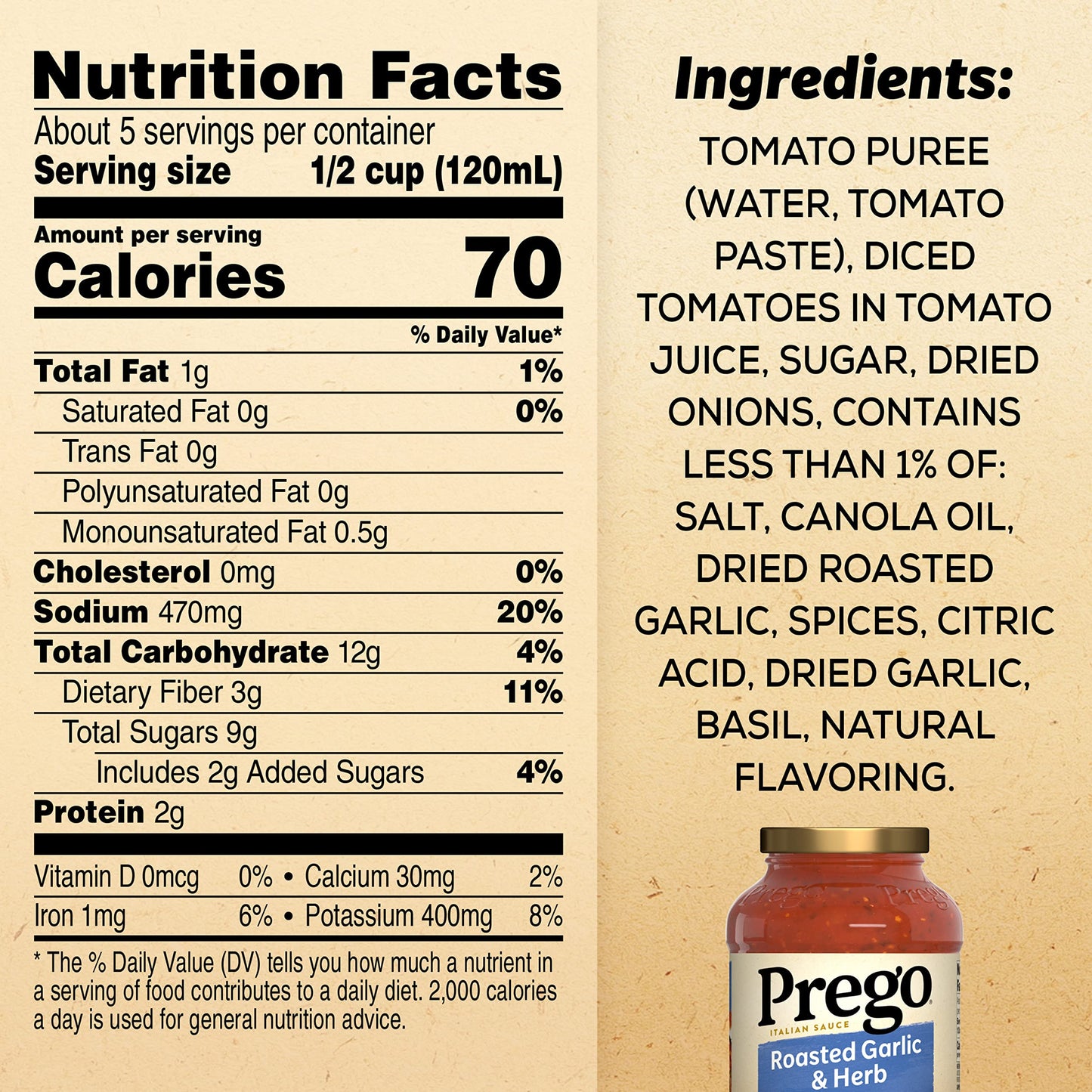 Prego Pasta Sauce, Italian Tomato Sauce With Roasted Garlic & Herbs, 24 Oz Jar