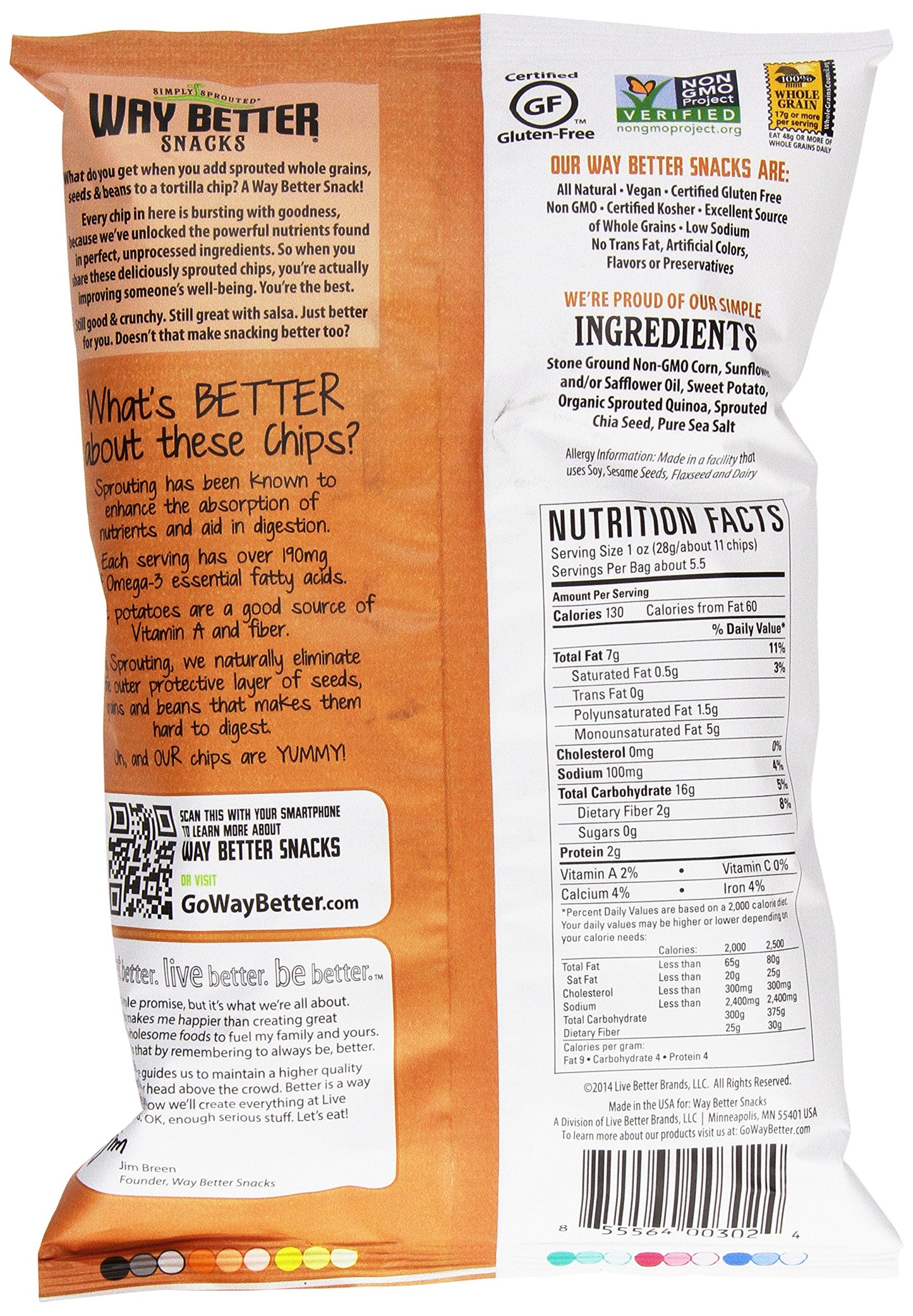 Way Better Snacks Tortilla Chips, Sweet Potato, 5.5 Ounce