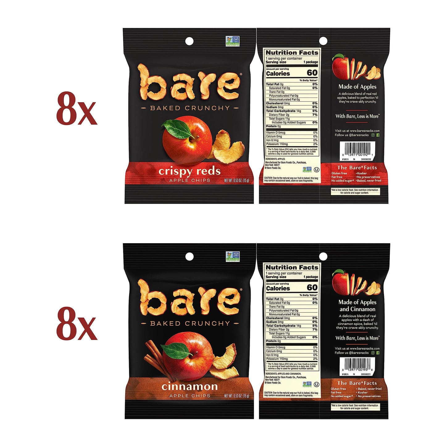 Bare Baked Crunchy, Apples Fuji & Reds And Cinnamon Variety Pack, 0.53 Ounce (Pack Of 16)