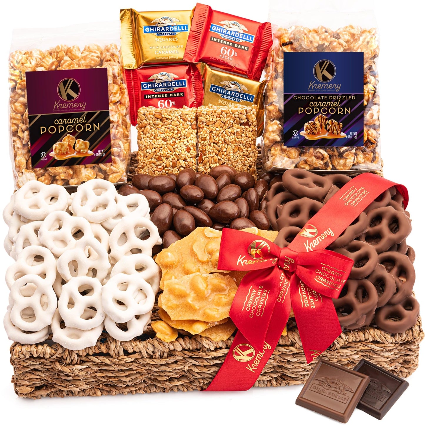 Nut Cravings Easter Milk Chocolate Covered Pretzels Gift Basket, Medium 2.5 LB, Includes Caramel Popcorn and Peanut Brittle
