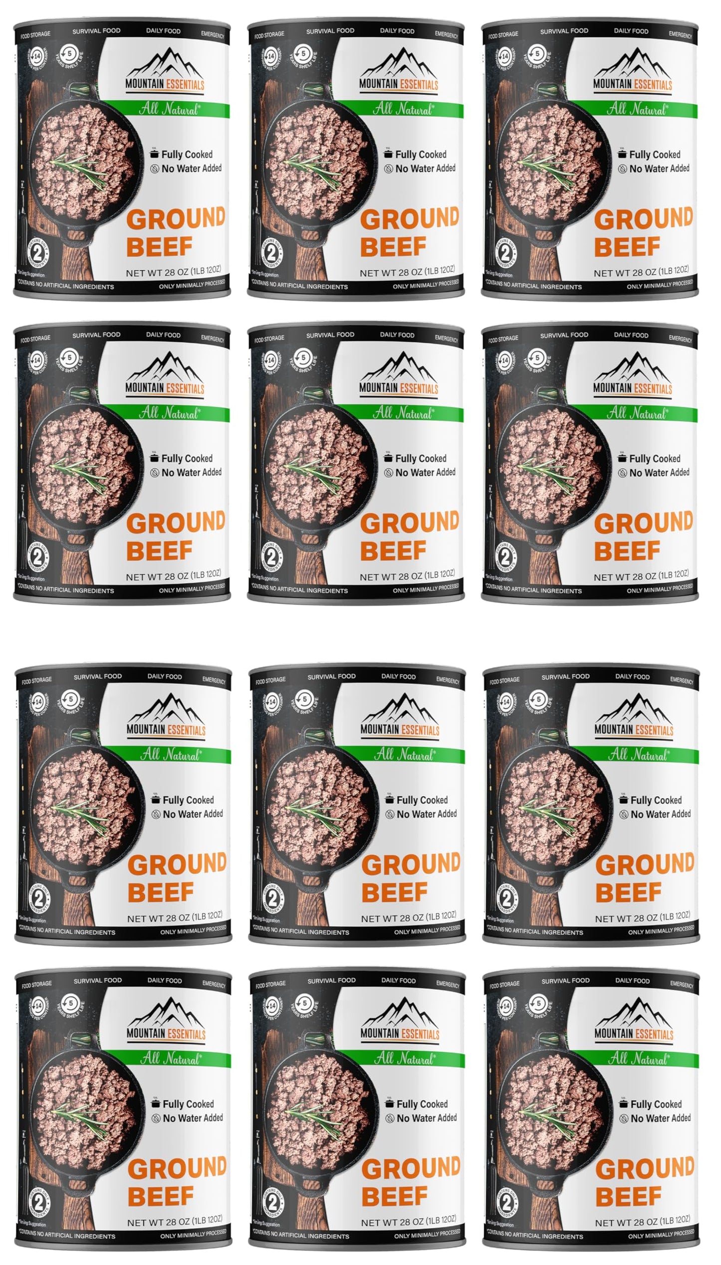 MOUNTAIN ESSENTIALS Canned Ground Beef Fully Cooked 28 Oz - Pack of 12, 5-Year Shelf Life, Made in USA, Ready to Eat