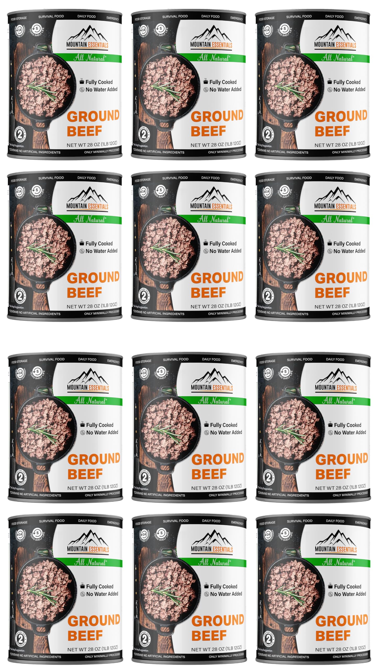 MOUNTAIN ESSENTIALS Canned Ground Beef Fully Cooked 28 Oz - Pack of 12, 5-Year Shelf Life, Made in USA, Ready to Eat