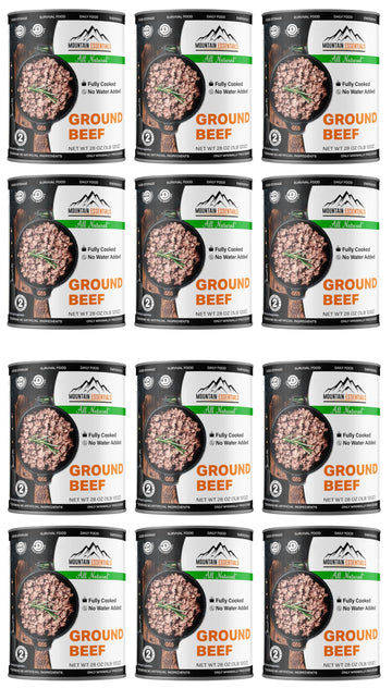 MOUNTAIN ESSENTIALS Canned Ground Beef Fully Cooked 28 Oz - Pack of 12, 5-Year Shelf Life, Made in USA, Ready to Eat