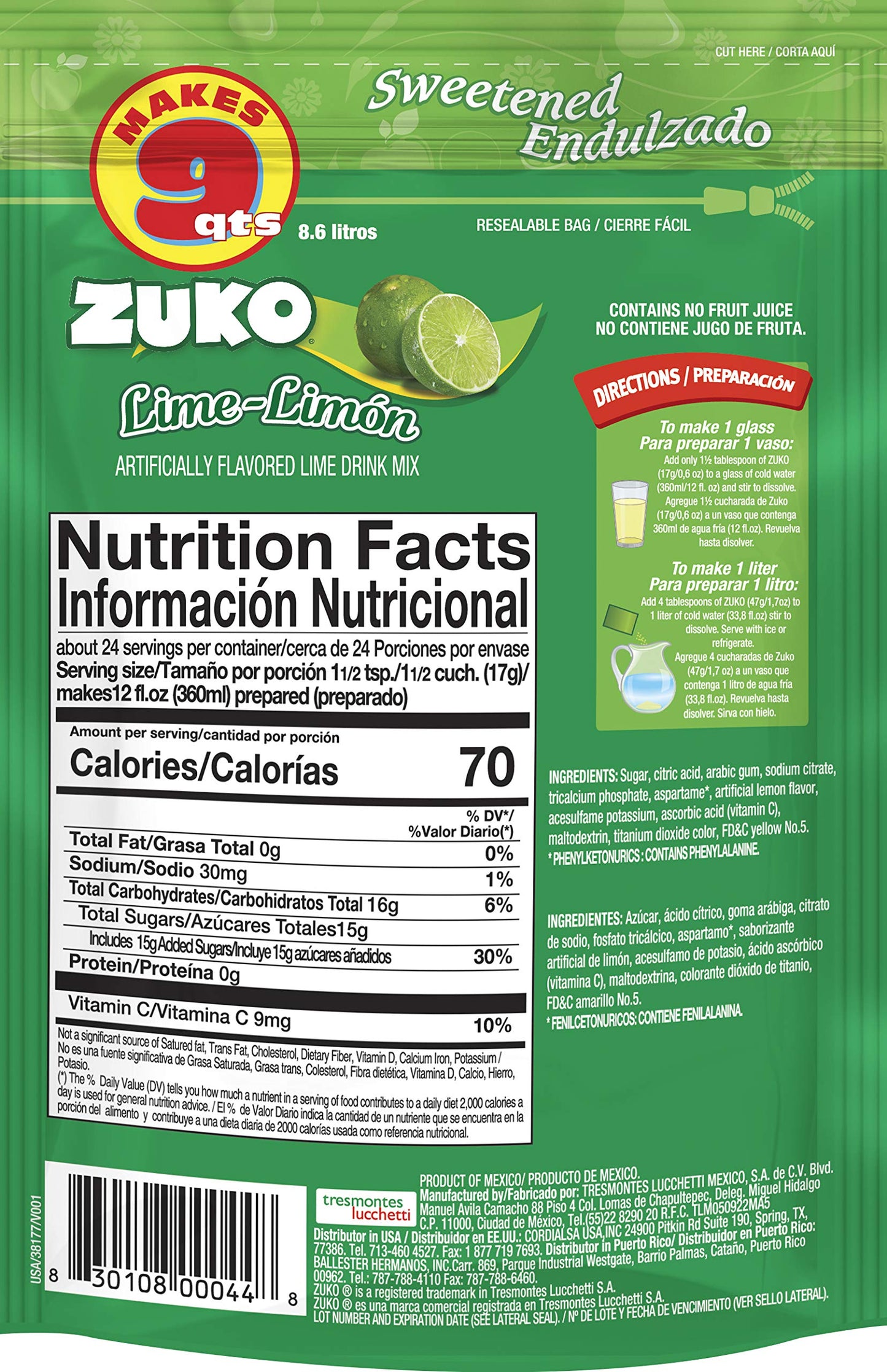 Zuko Lime Instant Powder Drink | Family Pack | No Sugar Needed | Vitamin C | 14.1 Ounce (Pack of 2)