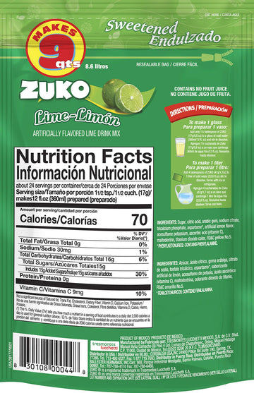 Zuko Lime Instant Powder Drink Family Pack  14.1 oz  Pack of 6
