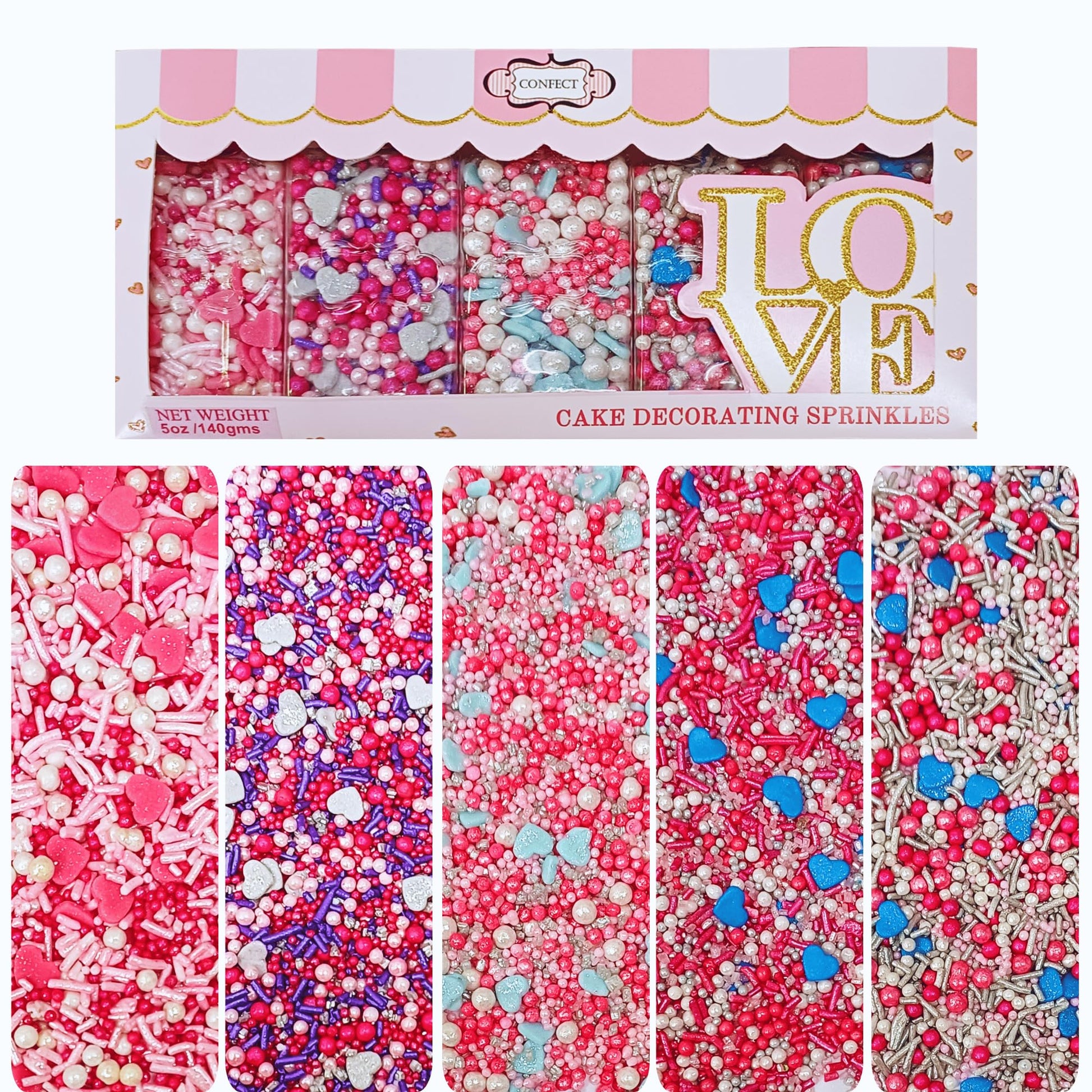 Confect Blue, Pink & White Pearl Heart Sprinkles Mix - Edible Baking Decorations for Cakes, Cupcakes, Cookies - Baby Shower & Fr