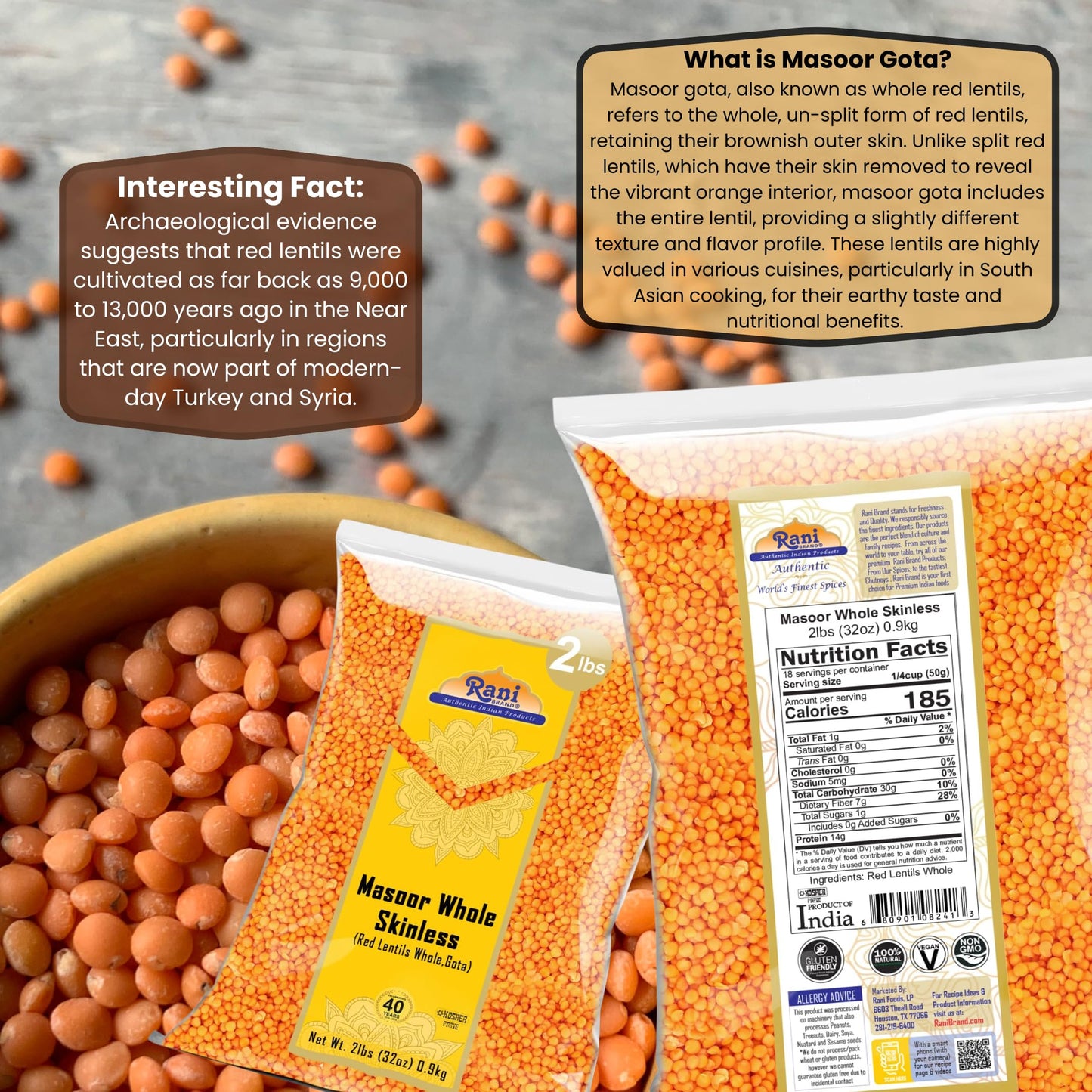 Rani Masoor Gota (Football) Indian Red Lentils Skinless 32Oz (2Lbs) 908G ~ All Natural | Gluten Friendly | Non-Gmo | Vegan | Ind