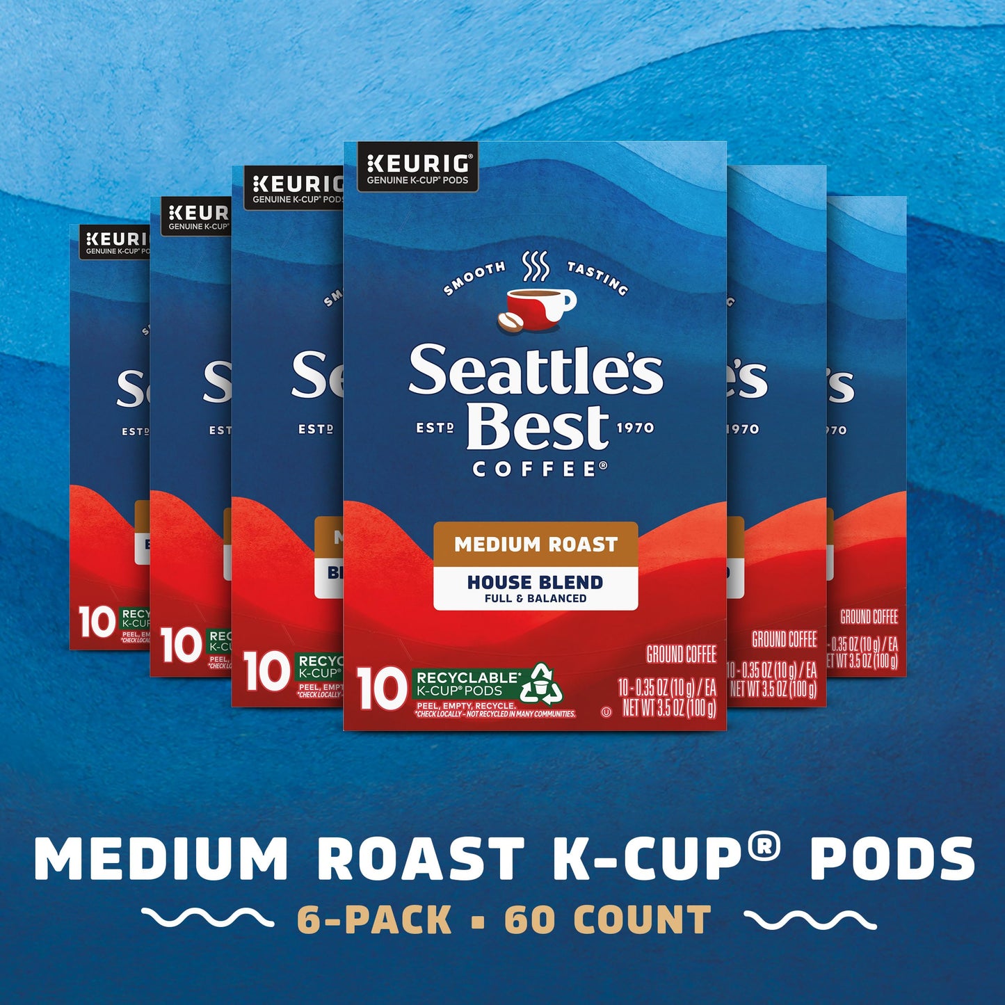 Seattle s Best Coffee House Blend Medium Roast K-Cup Pods | 6 boxes of 10 Pods (60 Total Pods)
