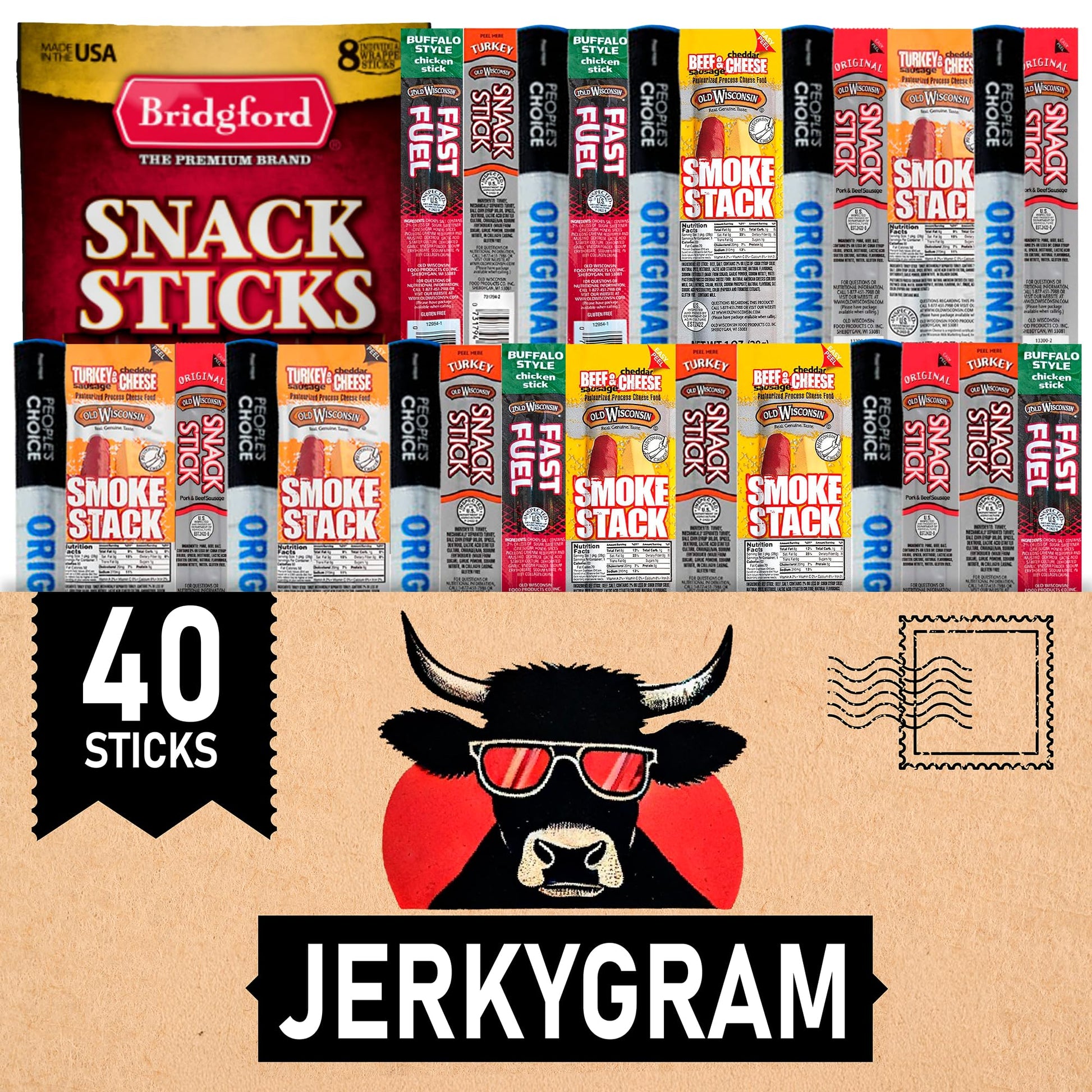 Jerky Gift Basket for Men - 40pc Jerky Variety Pack of Beef, Turkey, Chicken & Cheese Snack Sticks - High Protein Healthy Snack 