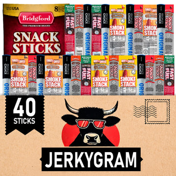 Jerky Gift Basket for Men - 40pc Jerky Variety Pack of Beef, Turkey, Chicken & Cheese Snack Sticks - High Protein Healthy Snack 