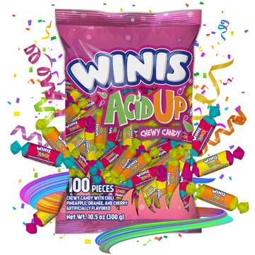 Winis Chewy Candy Sour & Spicy Variety Bag - Taffy Candies 100 individually wrapped pieces - Sharing Size 12 Oz Candy Variety Ba
