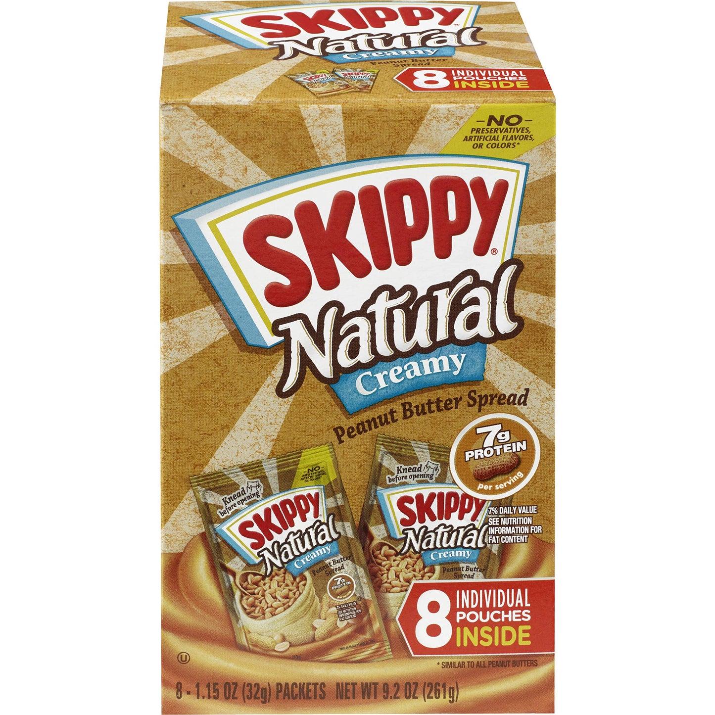 SKIPPY Natural Creamy Peanut Butter Spread, 1.15 Ounce Squeeze Packs, Pack of 8