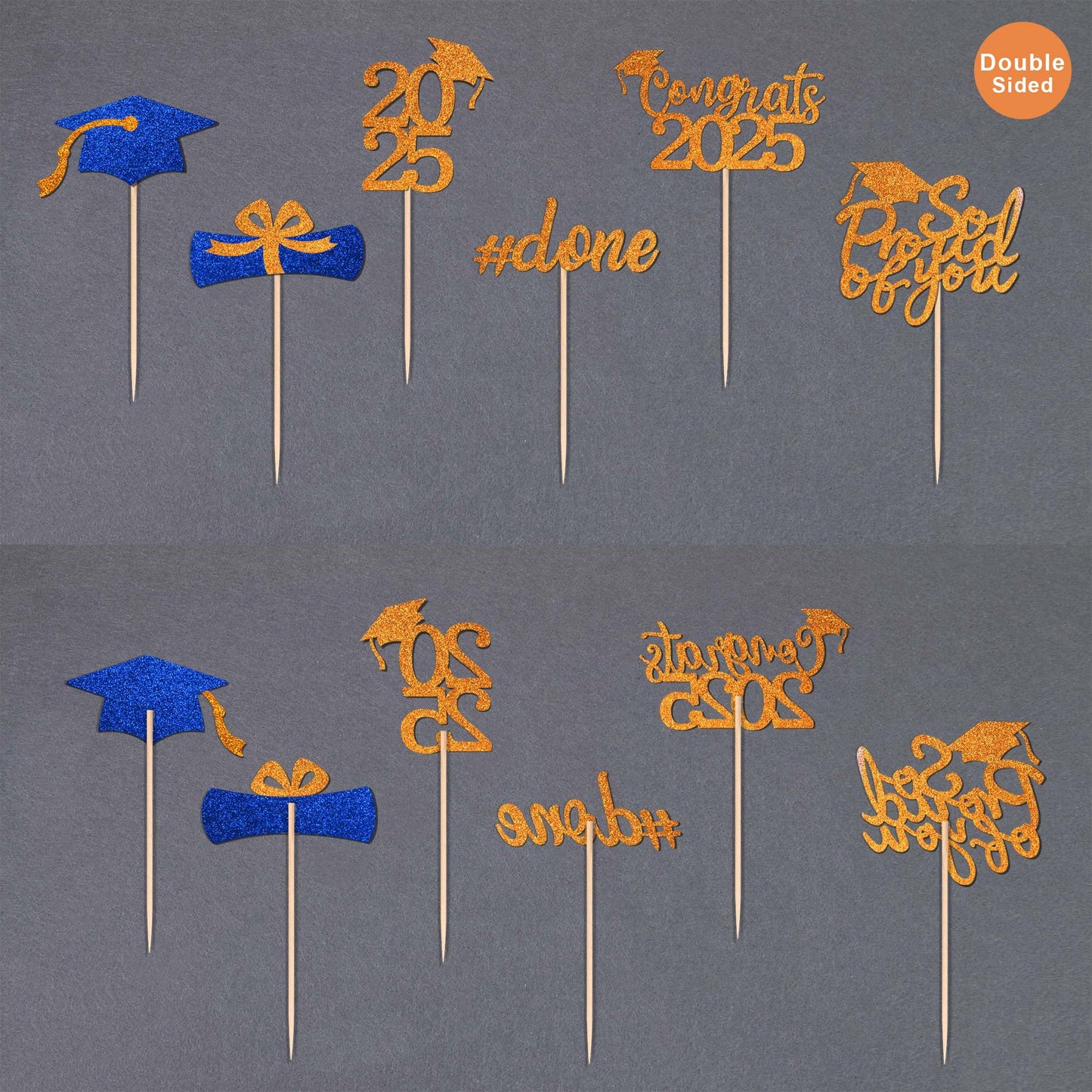 36 Pcs Class Of 2025 Graduation Cupcake Toppers, Orange & Blue Glitter Double-Sided Grad Cap Cake Picks For Party Supplies, 2025