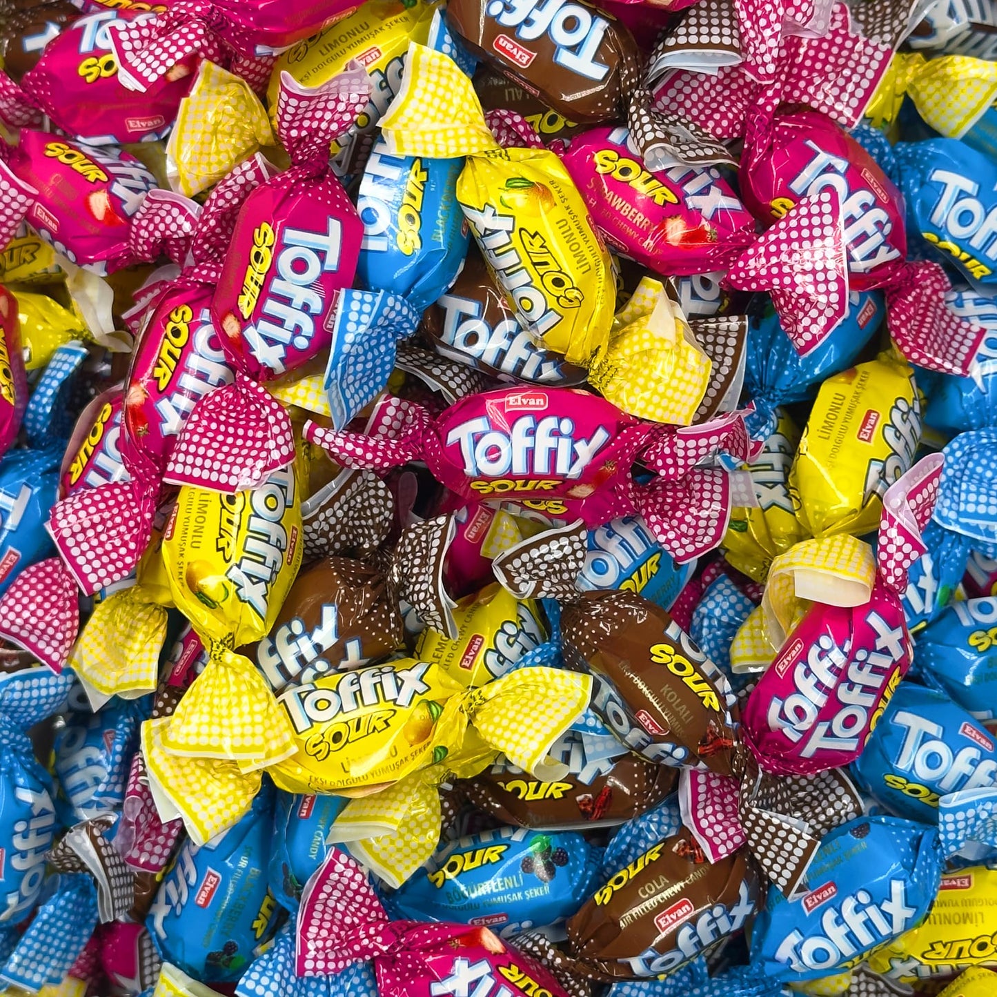 TOFFIX Sour Chews Candy, Center-Filled, 250 Pieces, Strawberry, Blueberry, Lemon & Cola, 2.2 Pound Pack of 8