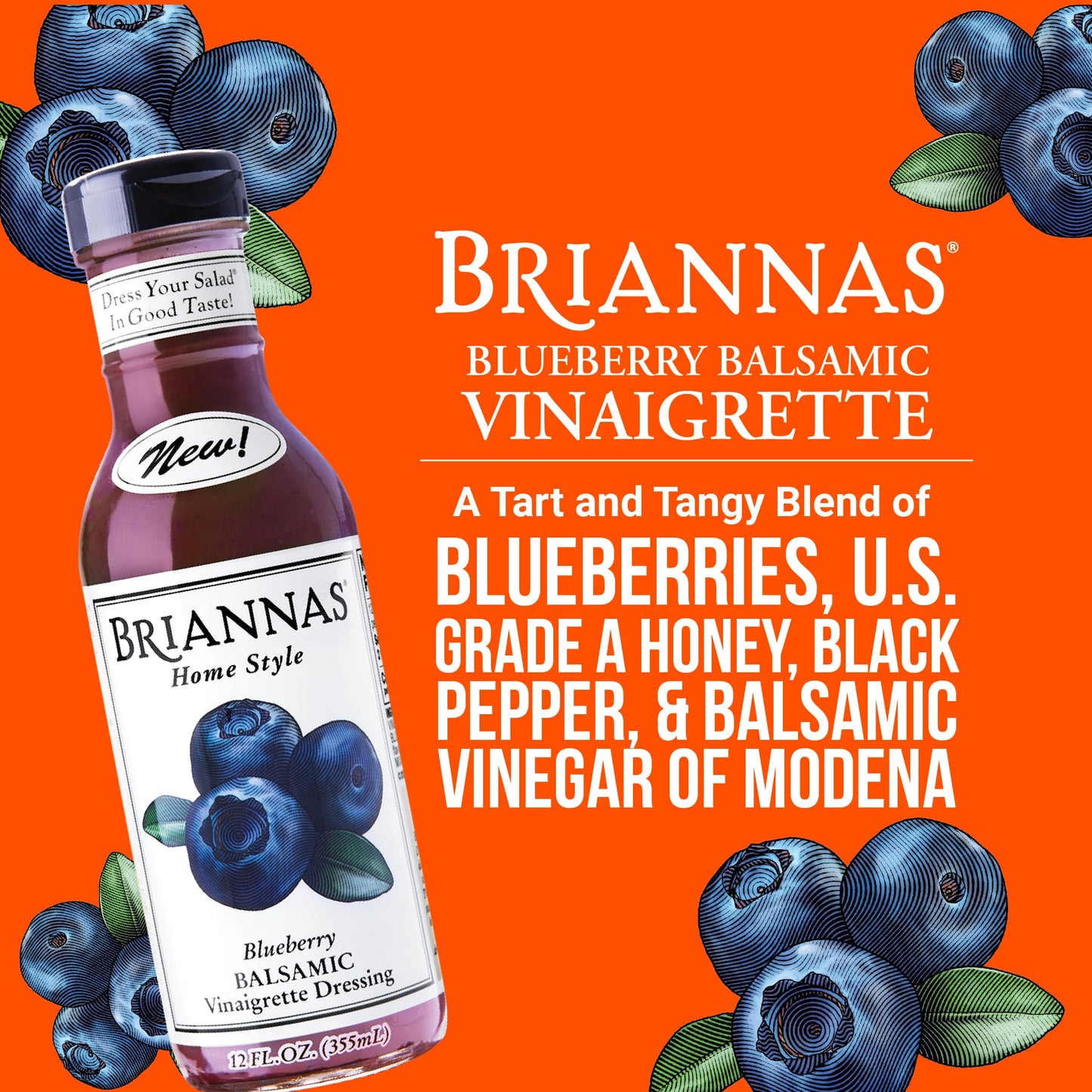 BRIANNAS Blueberry Balsamic Vinaigrette Dressing - Gluten Free, Low Sugar, 12 oz - Premium Salad Dressing for Healthy Meals