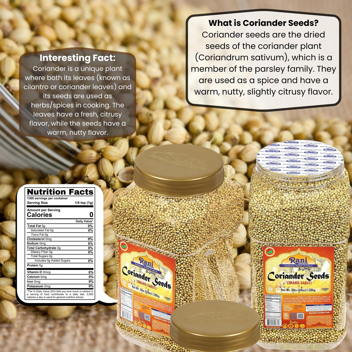 Rani Coriander (Dhania) Seeds Whole, Indian Spice 48Oz (3Lbs) 1.36Kg Bulk Pet Jar ~ All Natural | Gluten Friendly | Non-Gmo | Vegan | Kosher | Indian Origin