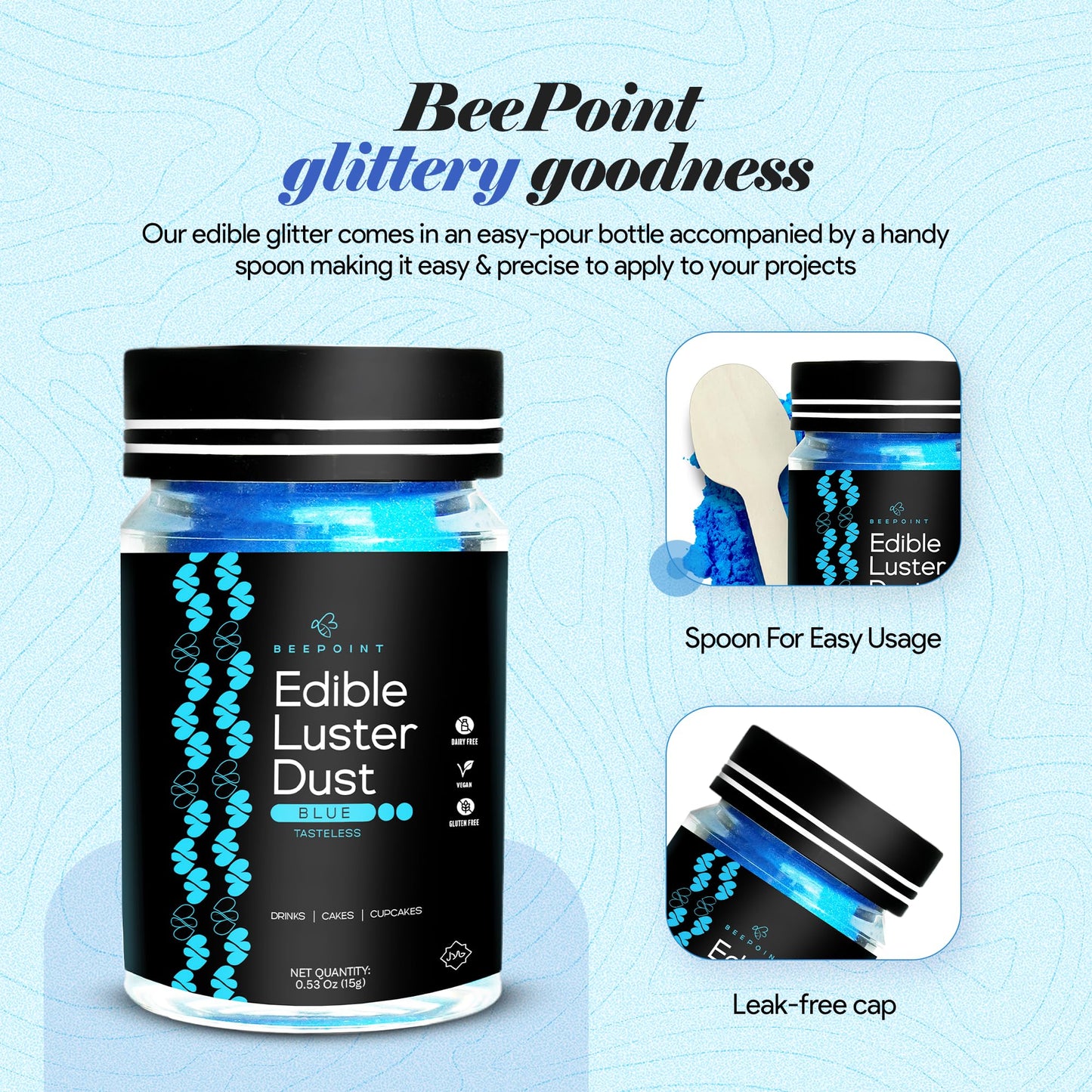 BeePoint Edible Glitter Luster Dust - Vibrant Blue Shimmer Powder for Baking & Decorating - 15g Food Grade, Vegan & Gluten Free