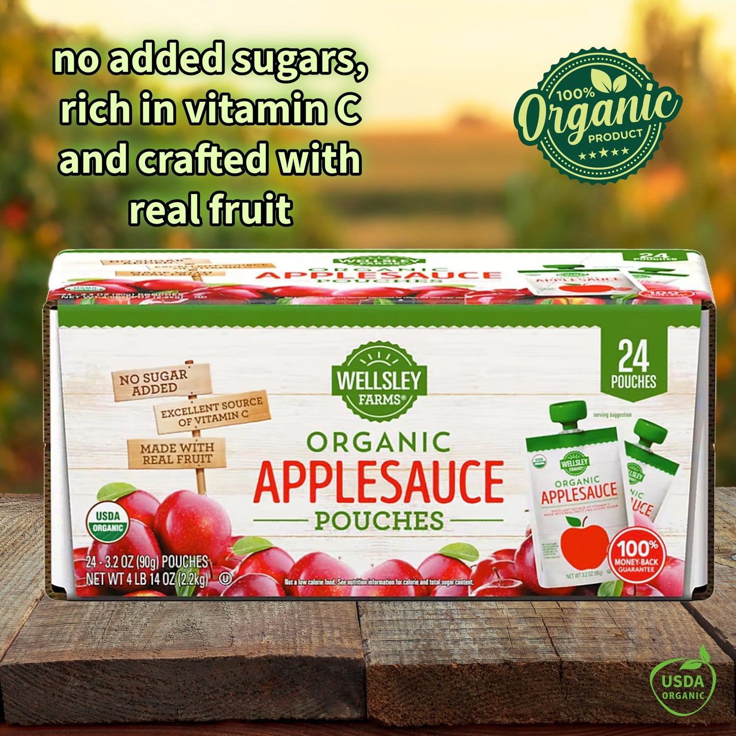Wellsley Farms Organic Applesauce Pouches, 24-Pack, 3.2 oz Each, Gluten-Free, No Sugar Added, Kosher, Healthy Snack