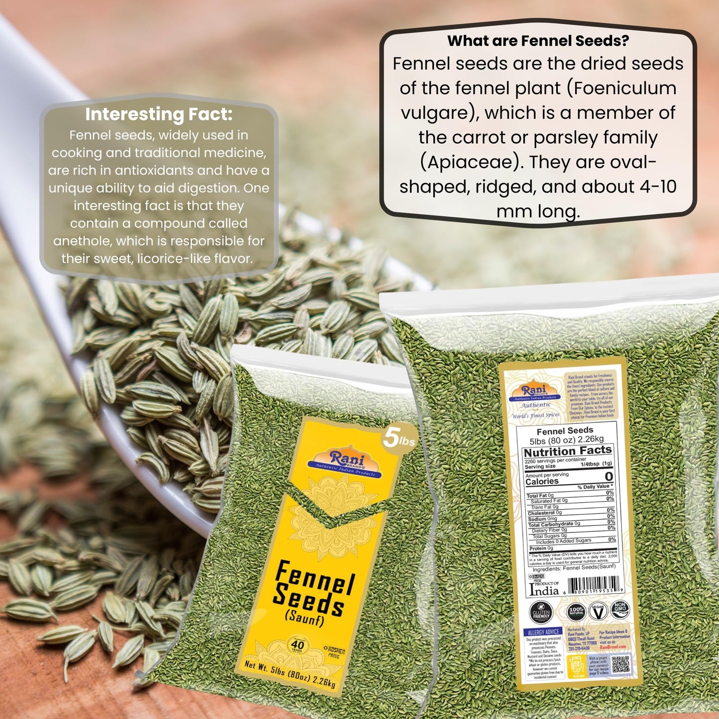 Rani Fennel Seeds (Saunf Sabut) Whole Spice 80Oz (5Lbs) 2.27Kg Bulk ~ All Natural | Gluten Friendly | Non-Gmo | Vegan | Indian Origin