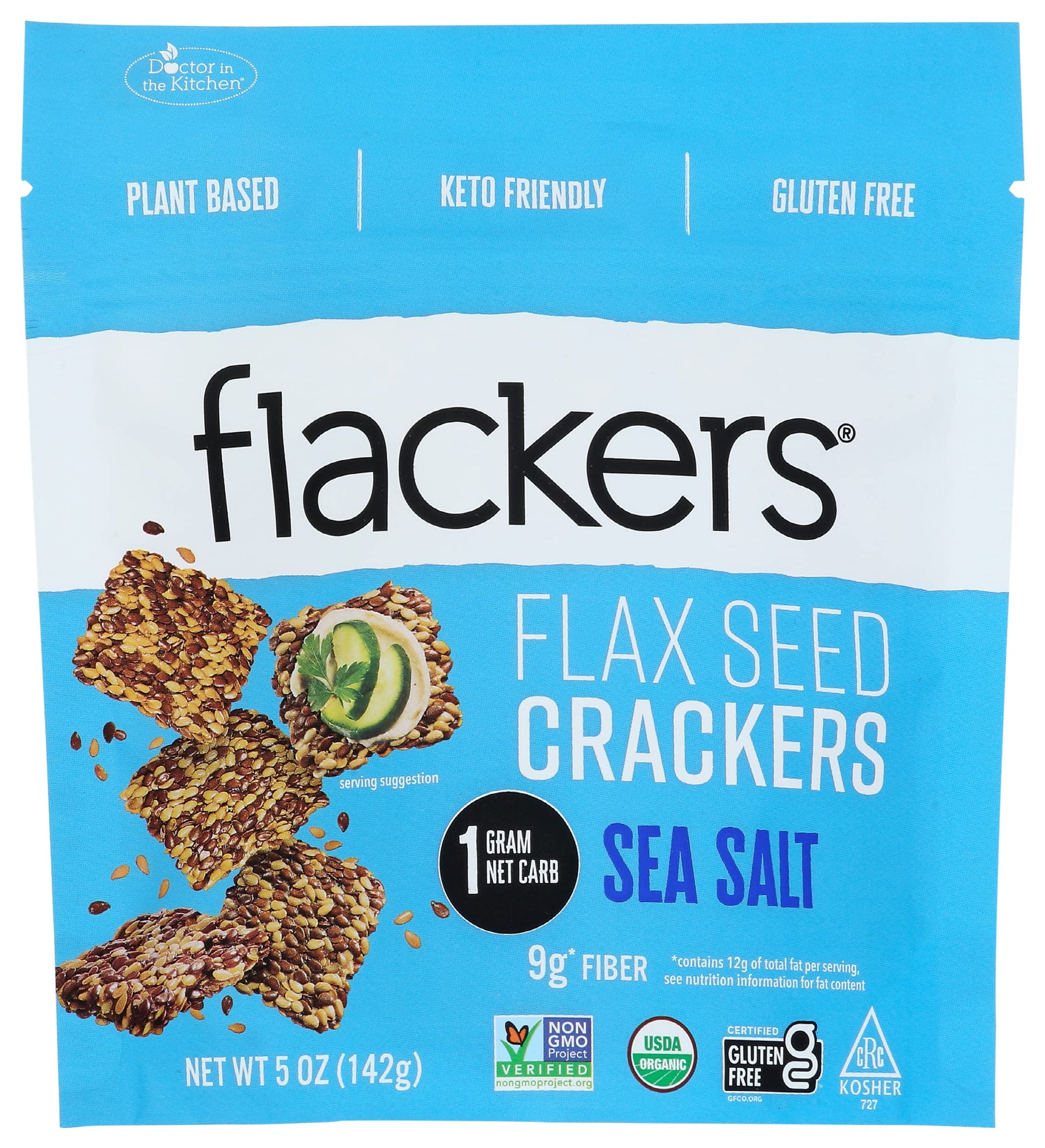 Flackers Organic Sea Salt Flaxseed Crackers, Gluten Free, Non GMO, Vegan, Keto Snack, 9g Fiber, 1g Net Carb, 5 Ounce (Pack of 6)