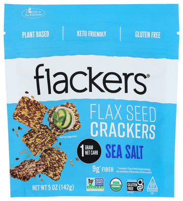Flackers Organic Sea Salt Flaxseed Crackers, Gluten Free, Non GMO, Vegan, Keto Snack, 9g Fiber, 1g Net Carb, 5 Ounce (Pack of 6)